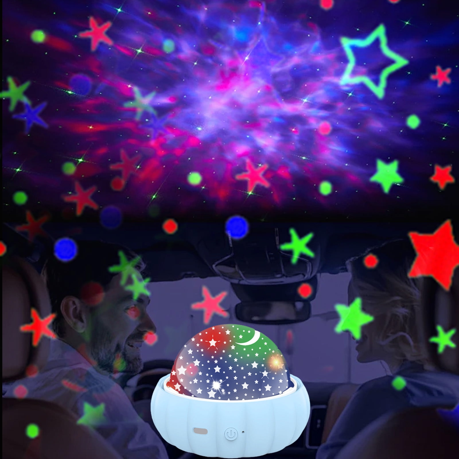 Ein Sternenprojektor mit bunten Lichtern in einem Auto. Menschen sitzen vorn.