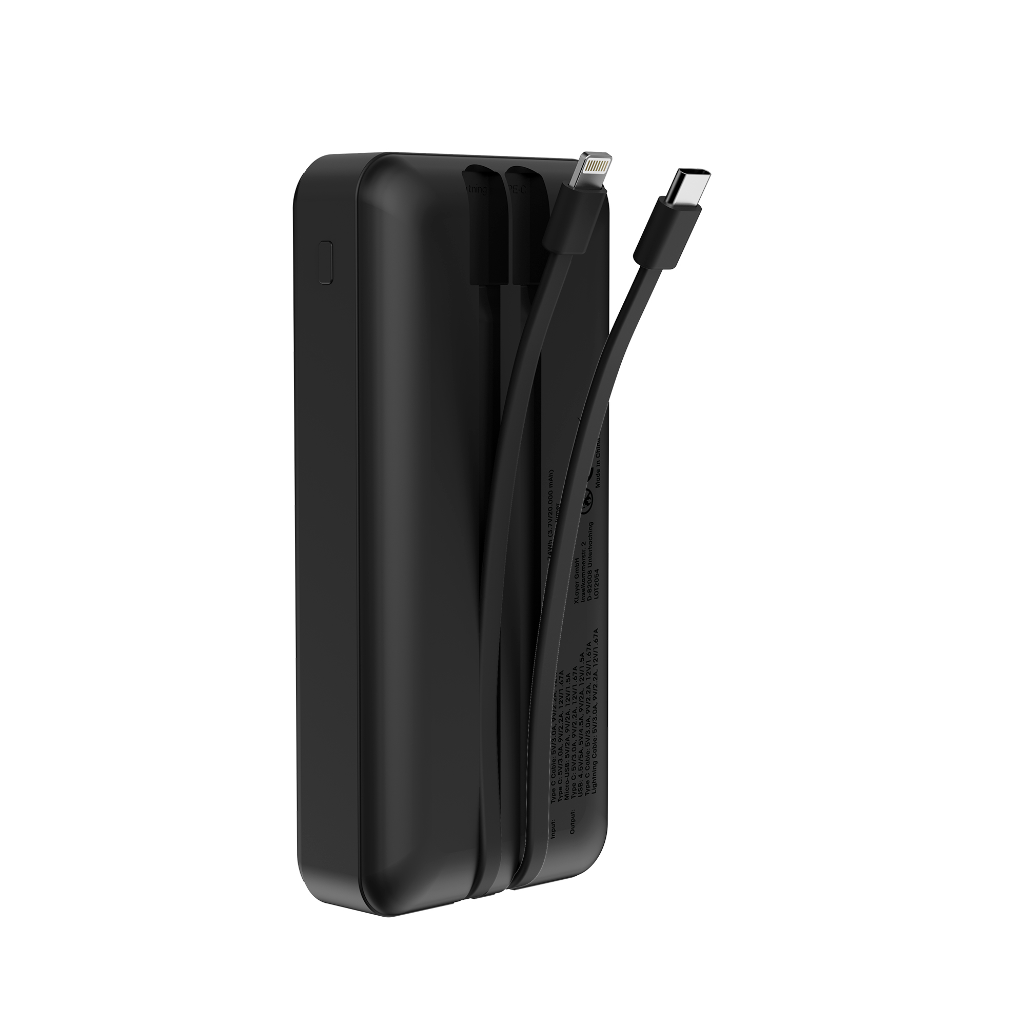 Schwarzer Powerbank mit integrierten Lade- und USB-C-Kabeln.