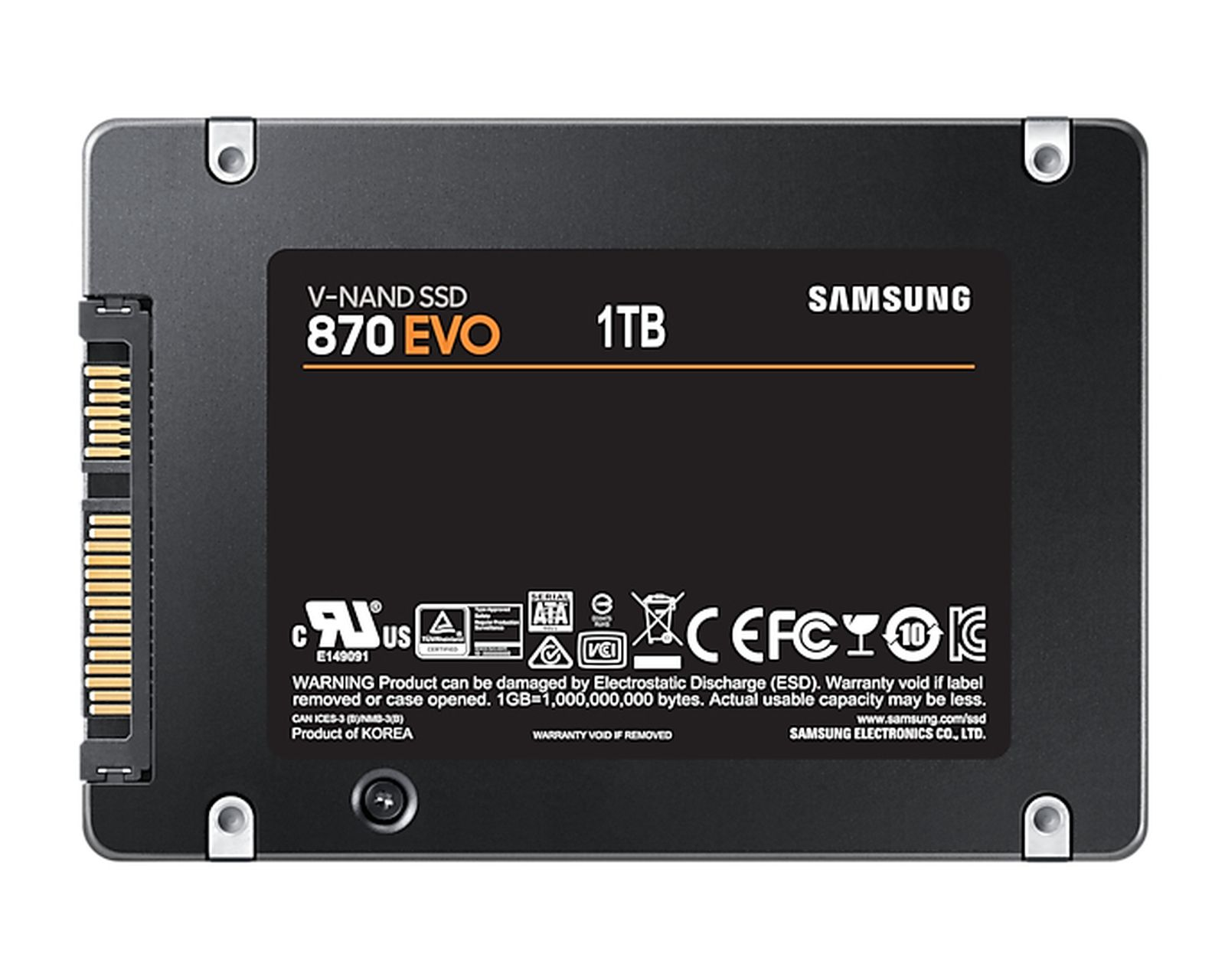 SSD Samsung 870 EVO 1TB con conector SATA y etiqueta.