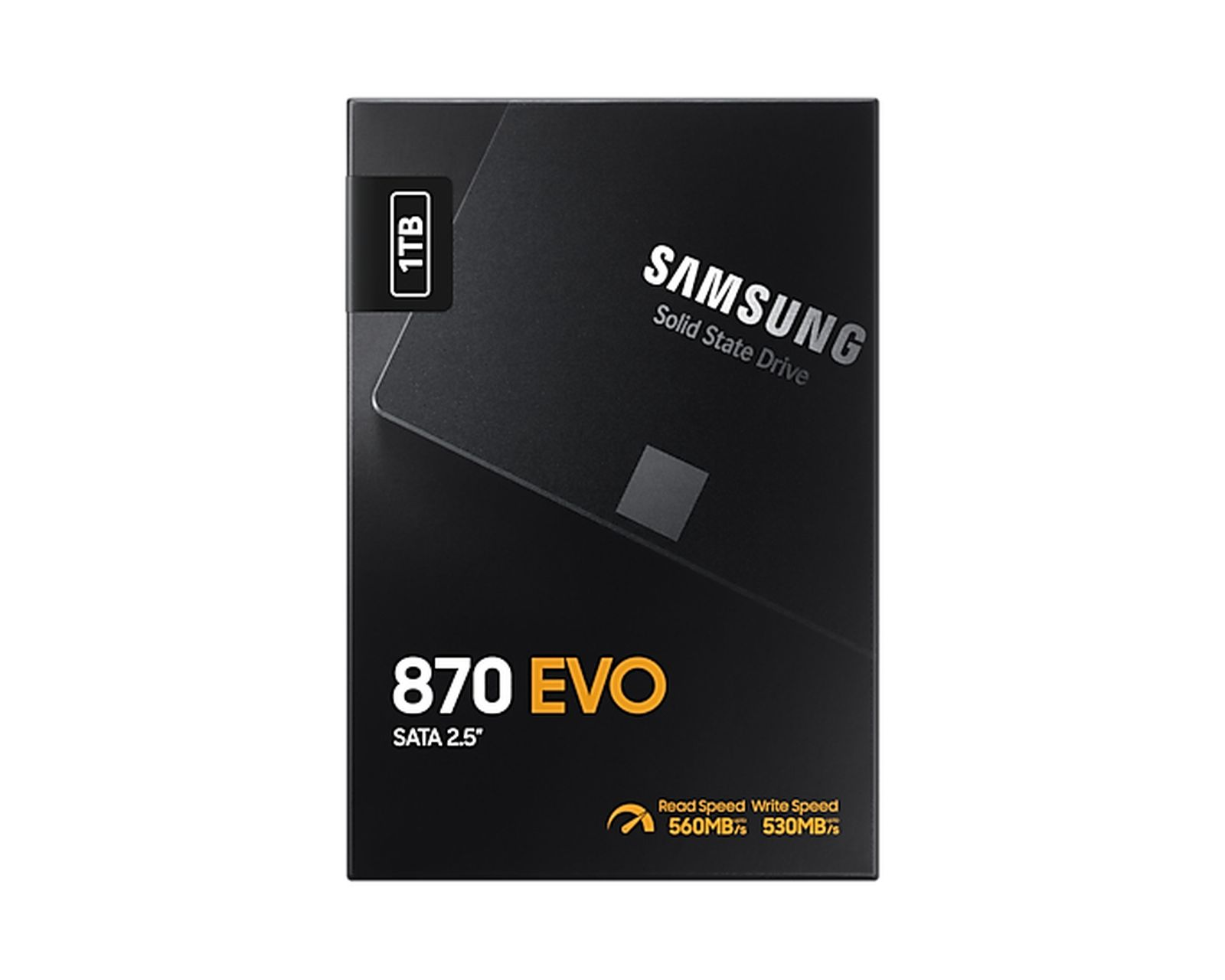 SSD Samsung 870 EVO 1TB negra con conexión SATA 2.5" y velocidades de 560MB/530MB.