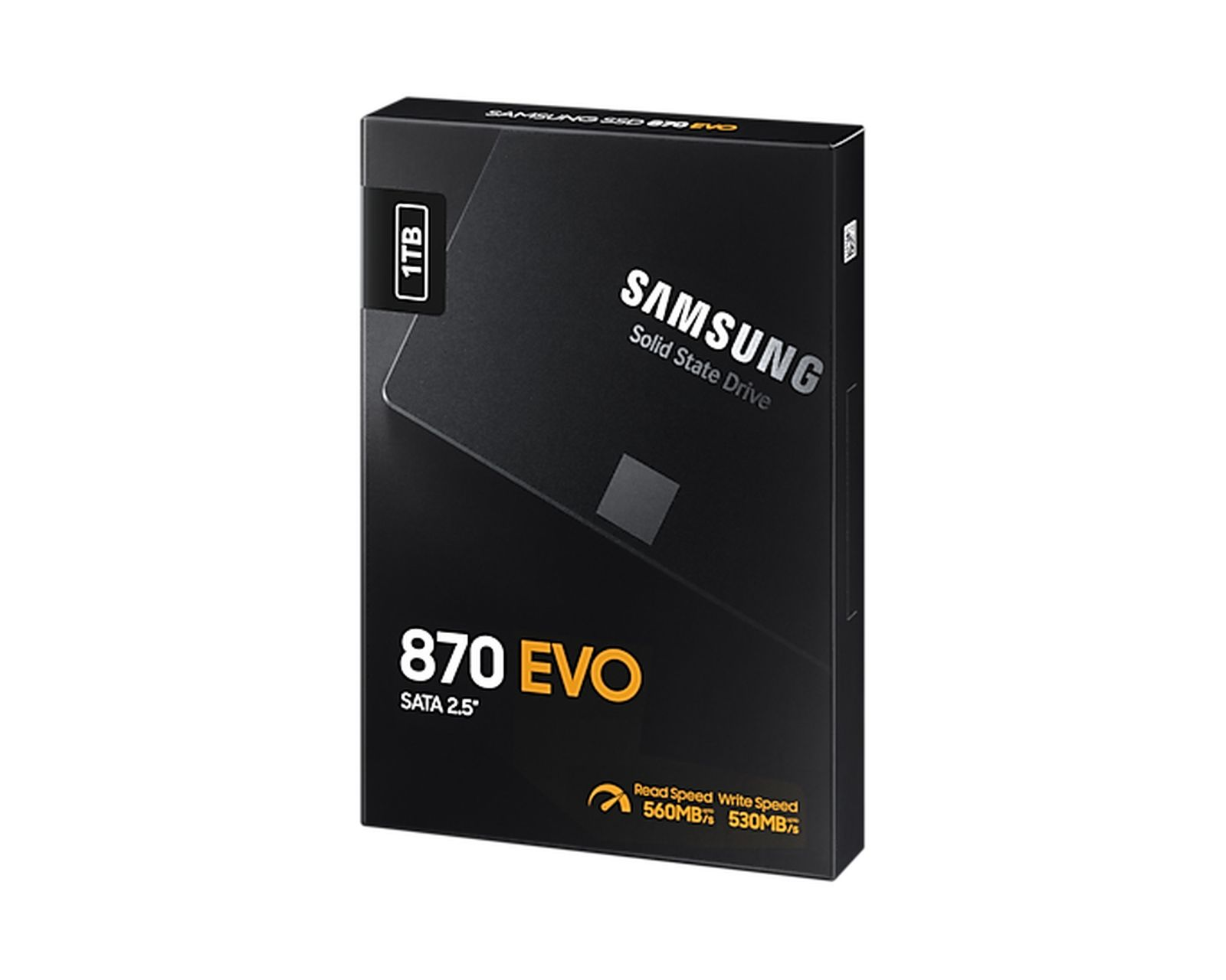Empaque SSD Samsung 870 EVO 1TB 2.5" con índices de velocidad.