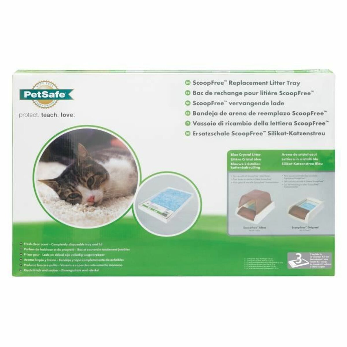 PetSafe ScoopFree Ersatzschale mit Katze und blauer Kristallfüllung.