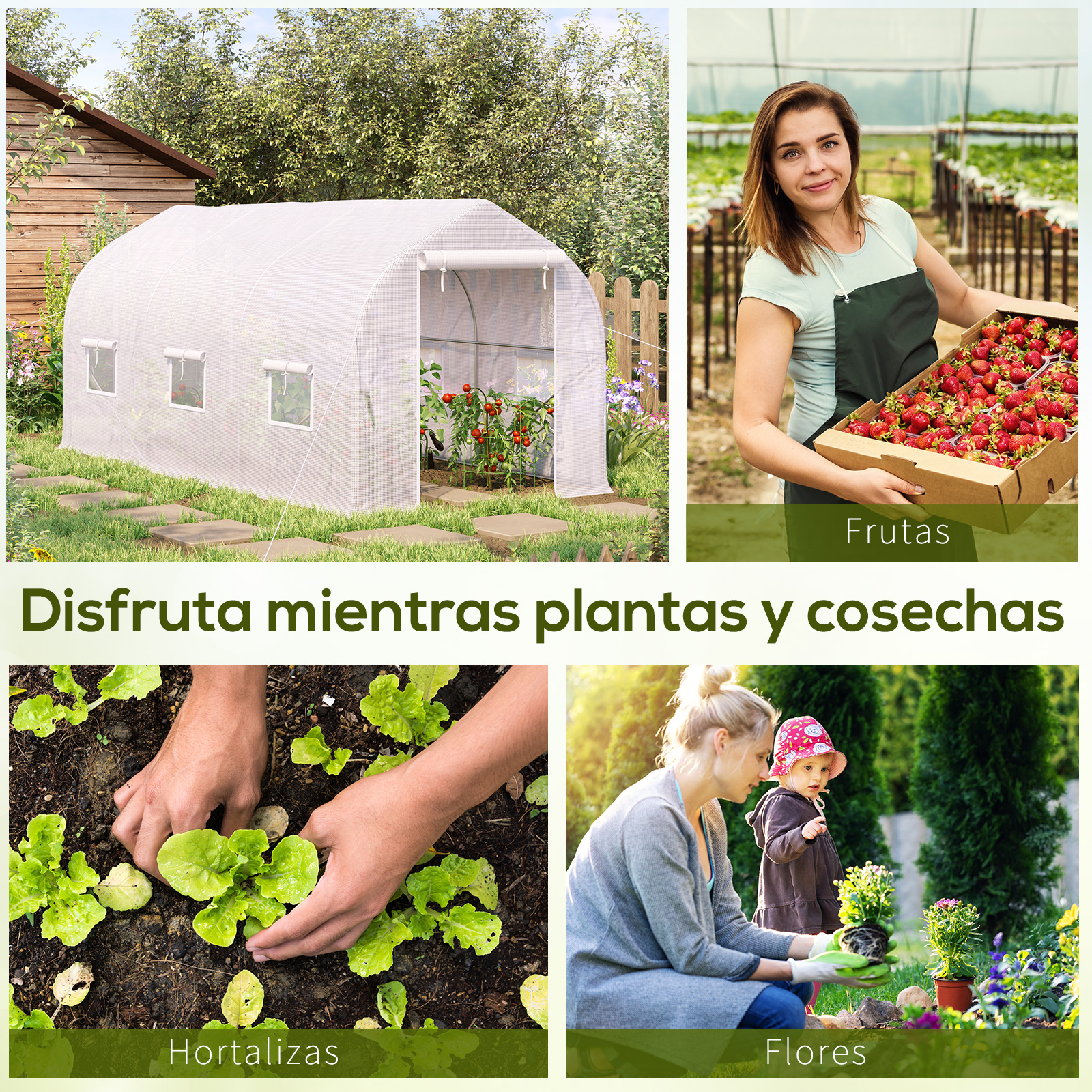 Cuatro escenas de jardín: invernadero, fresas, plantando vegetales, flores.