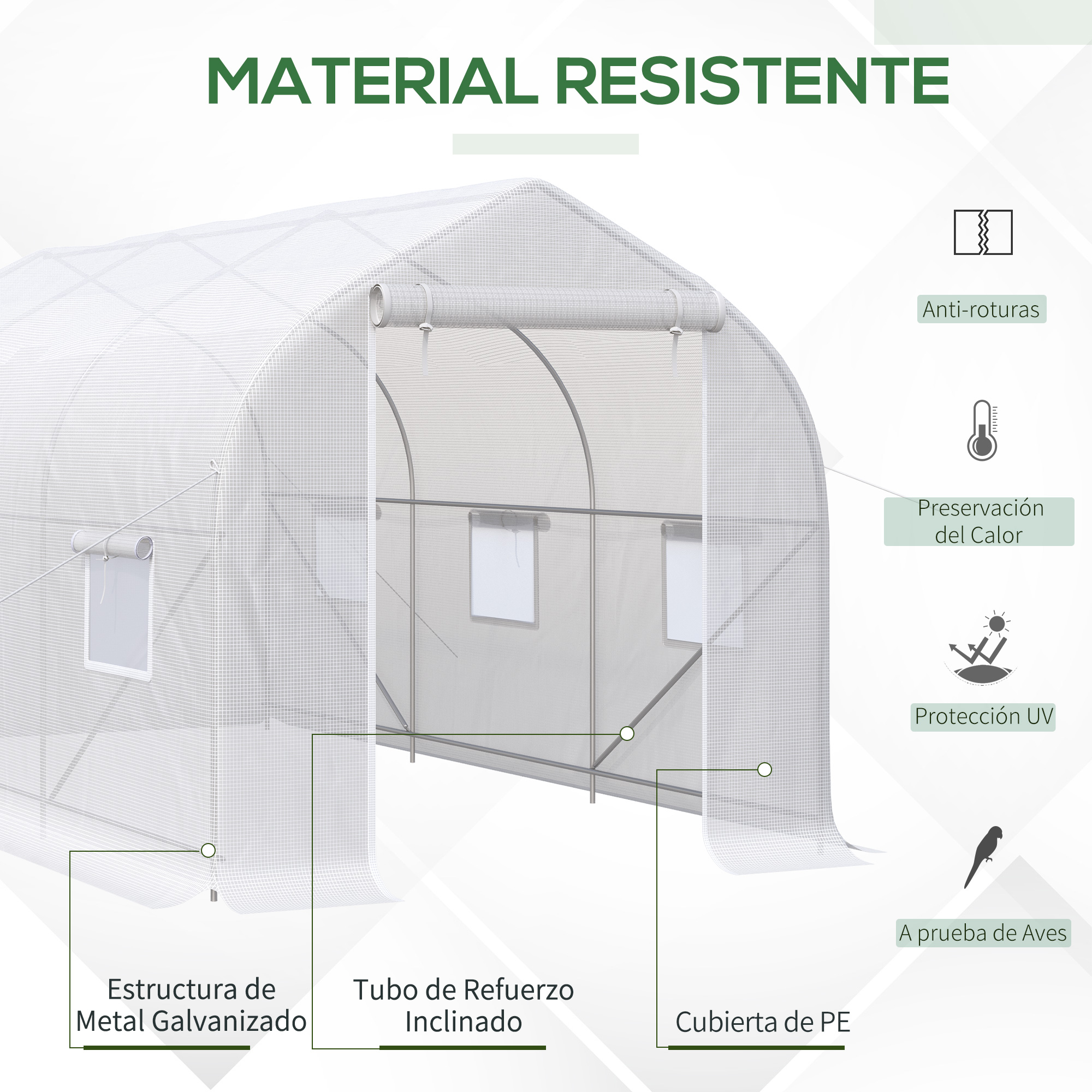 Invernadero con estructura metálica, cubierta de PE, ventanas y protección.