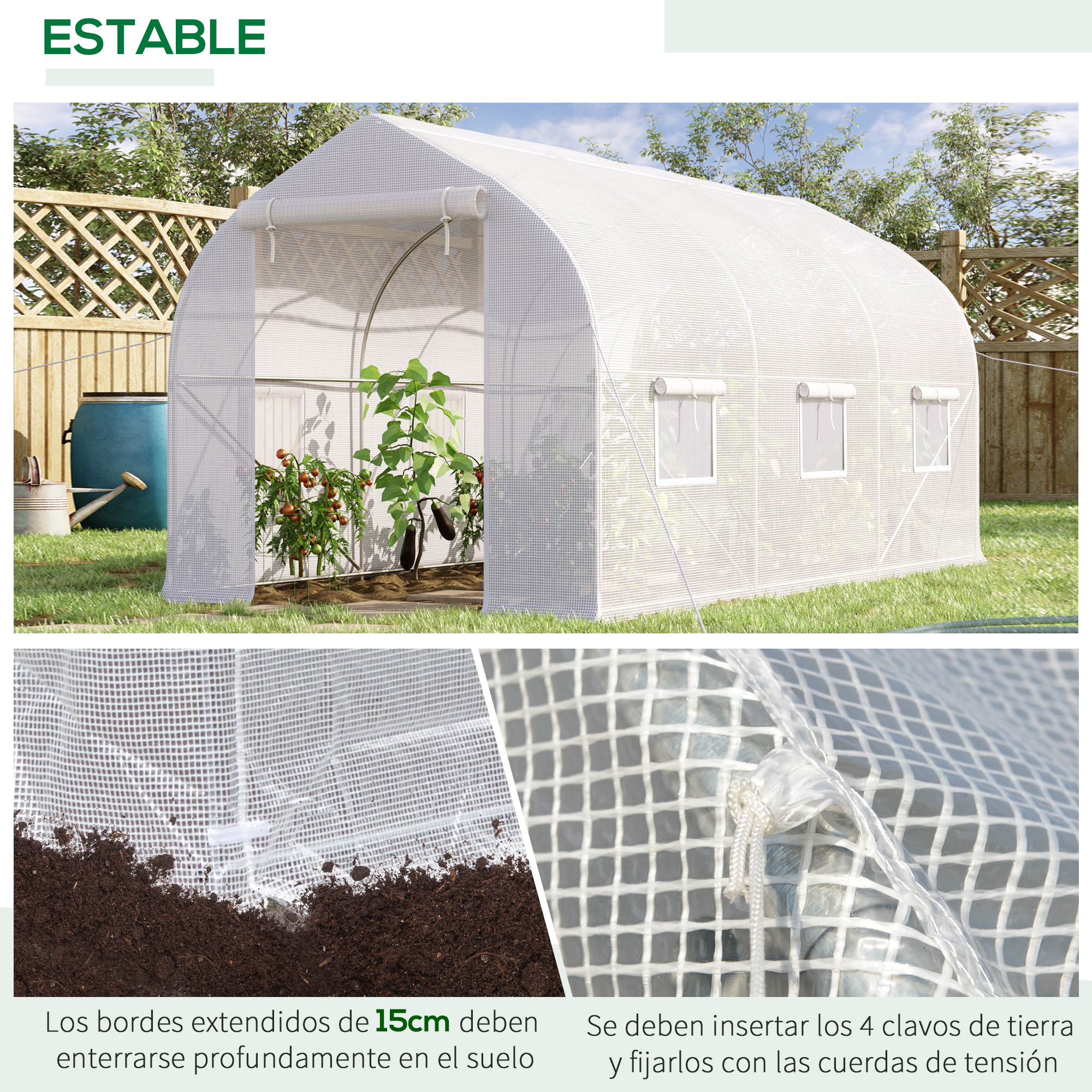 Un invernadero blanco con plantas y ventanas en un jardín.