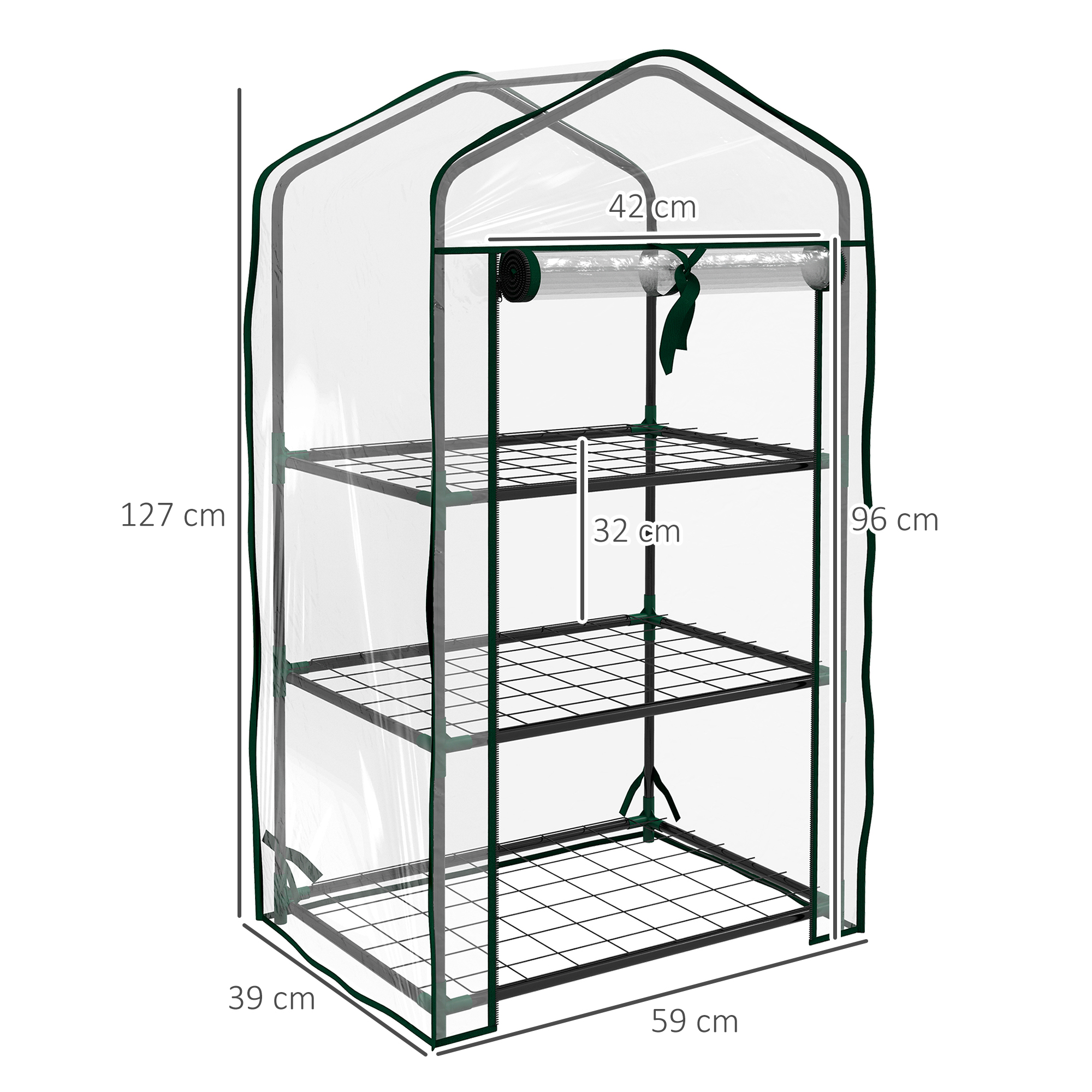 Un invernadero de tres niveles con cubierta transparente y dimensiones.