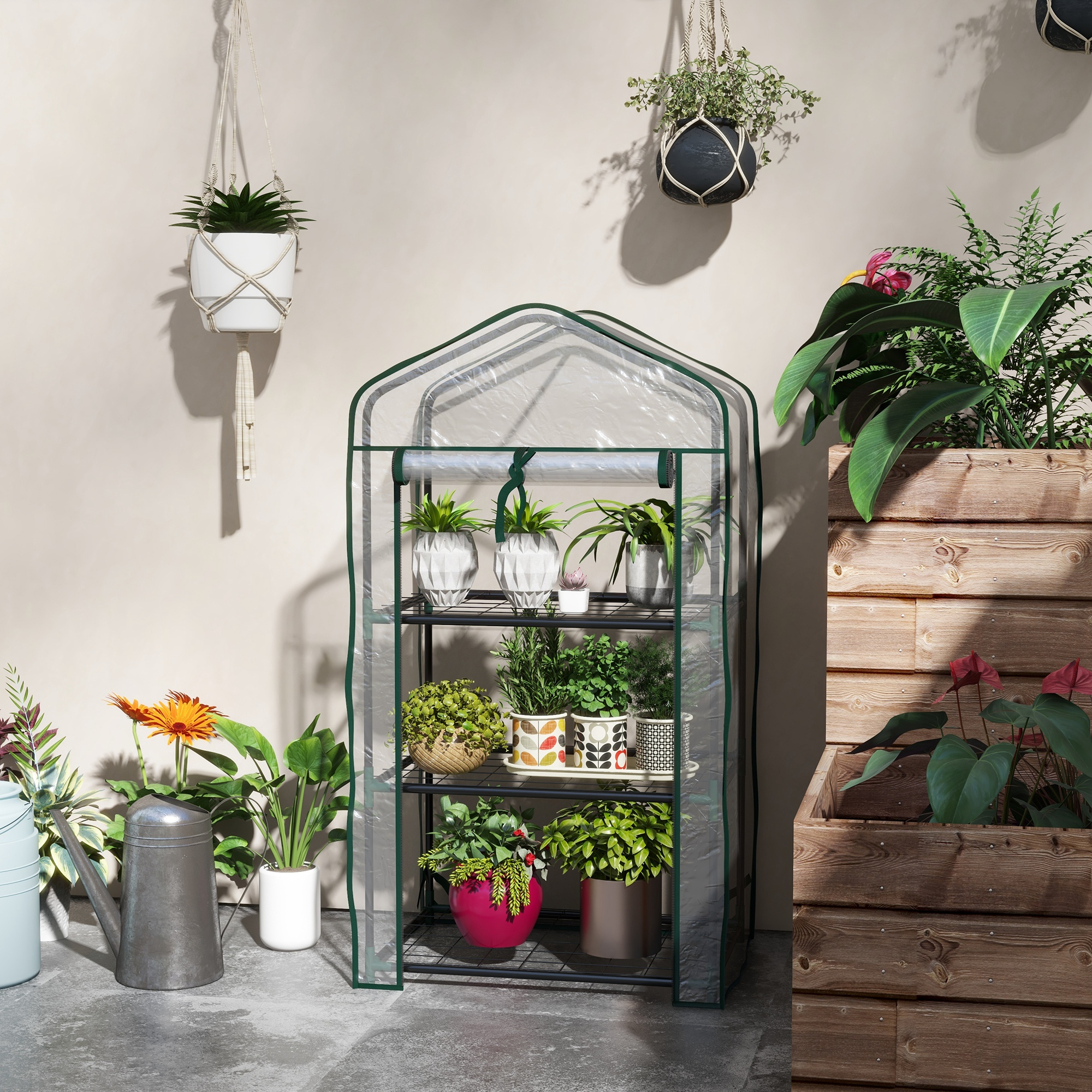 Un mini invernadero con plantas en varios estantes, junto a una jardinera de madera.