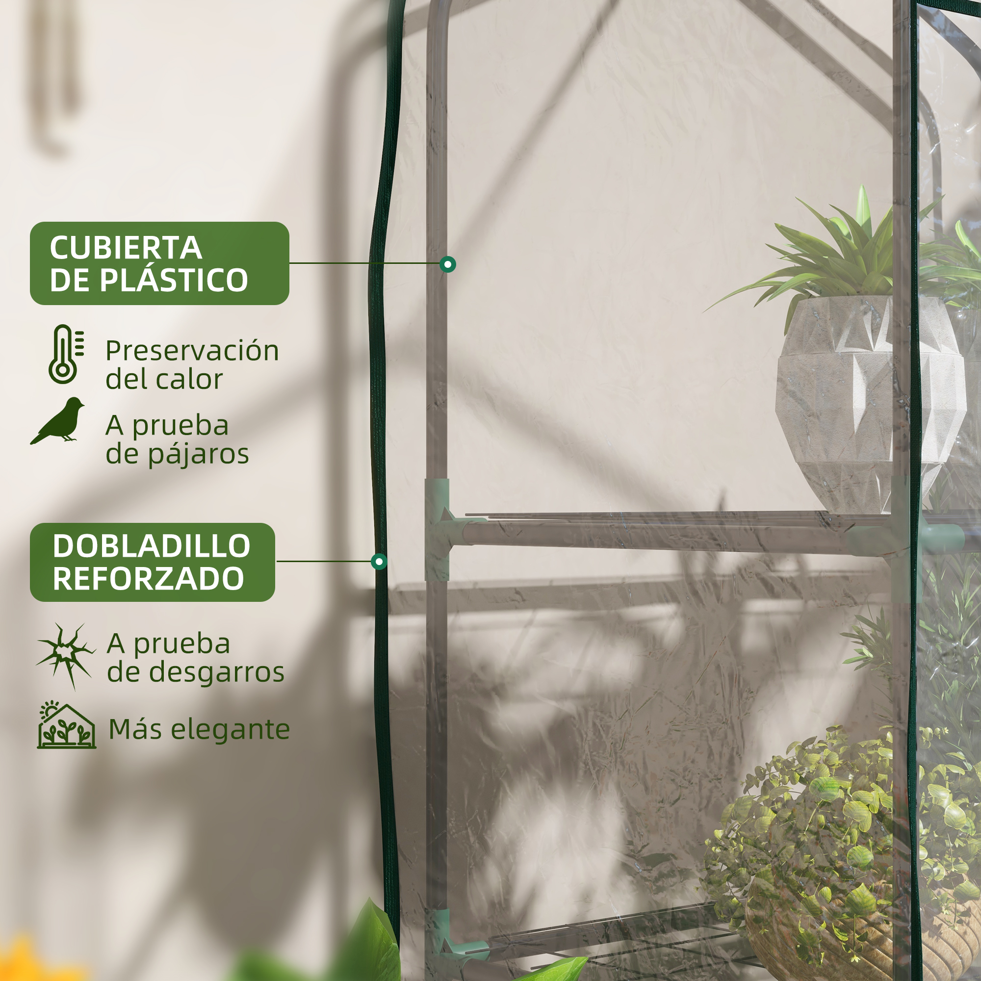 Invernadero con plantas, destacando características como resistencia al desgarro y preservación del calor.