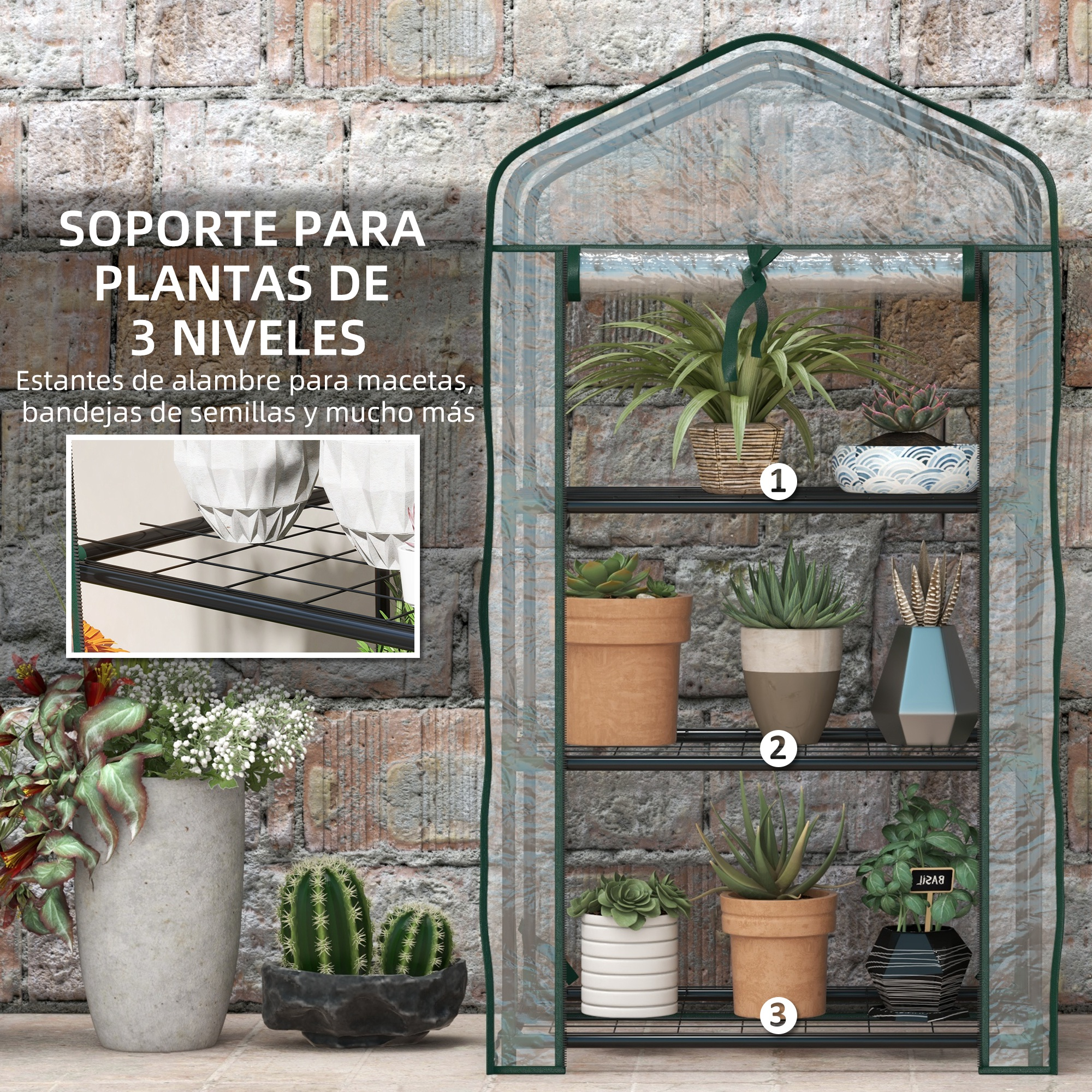 Un invernadero de 3 niveles con varias plantas en macetas.