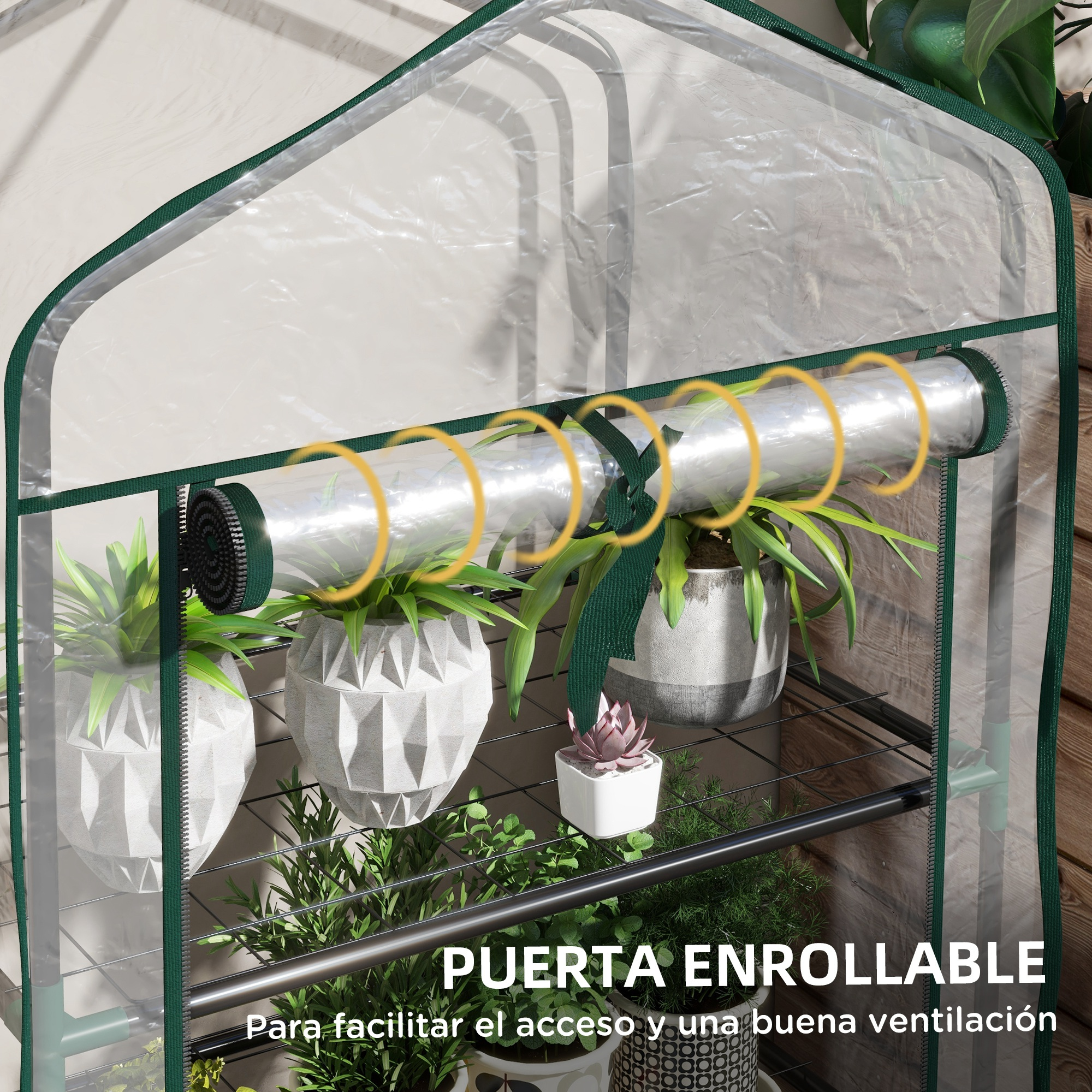 Invernadero con puerta enrollable, plantas en estantes, interior.