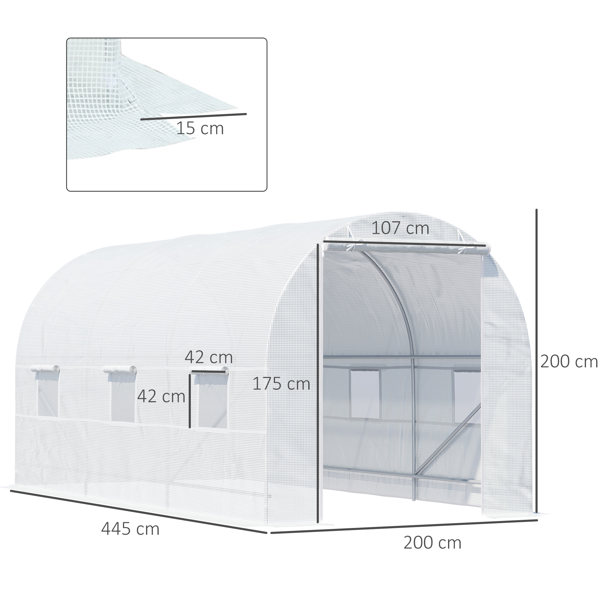 Un invernadero blanco con dimensiones, ventanas y una entrada.