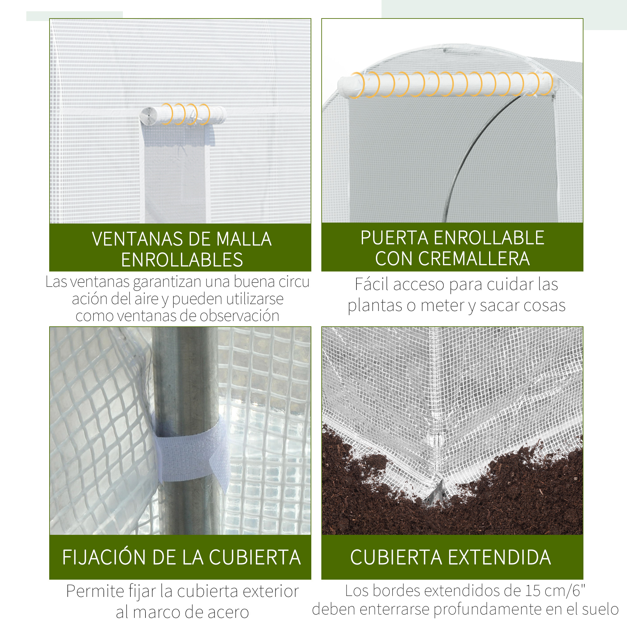 Cuatro imágenes de un invernadero: ventanas de malla, puerta enrollable, fijación y cubierta extendida.