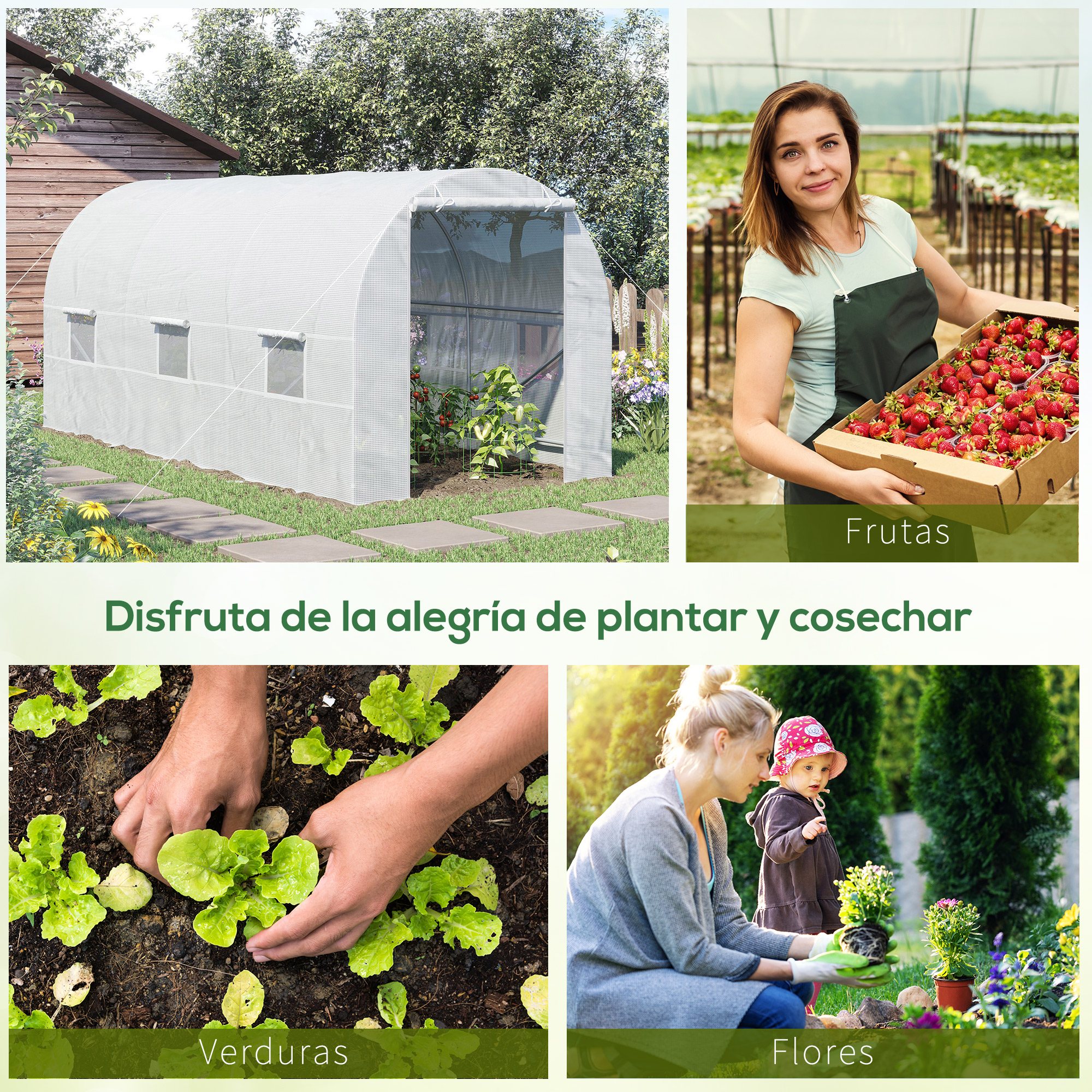 Un jardín con invernadero, fresas, verduras y flores, con personas cuidando plantas.