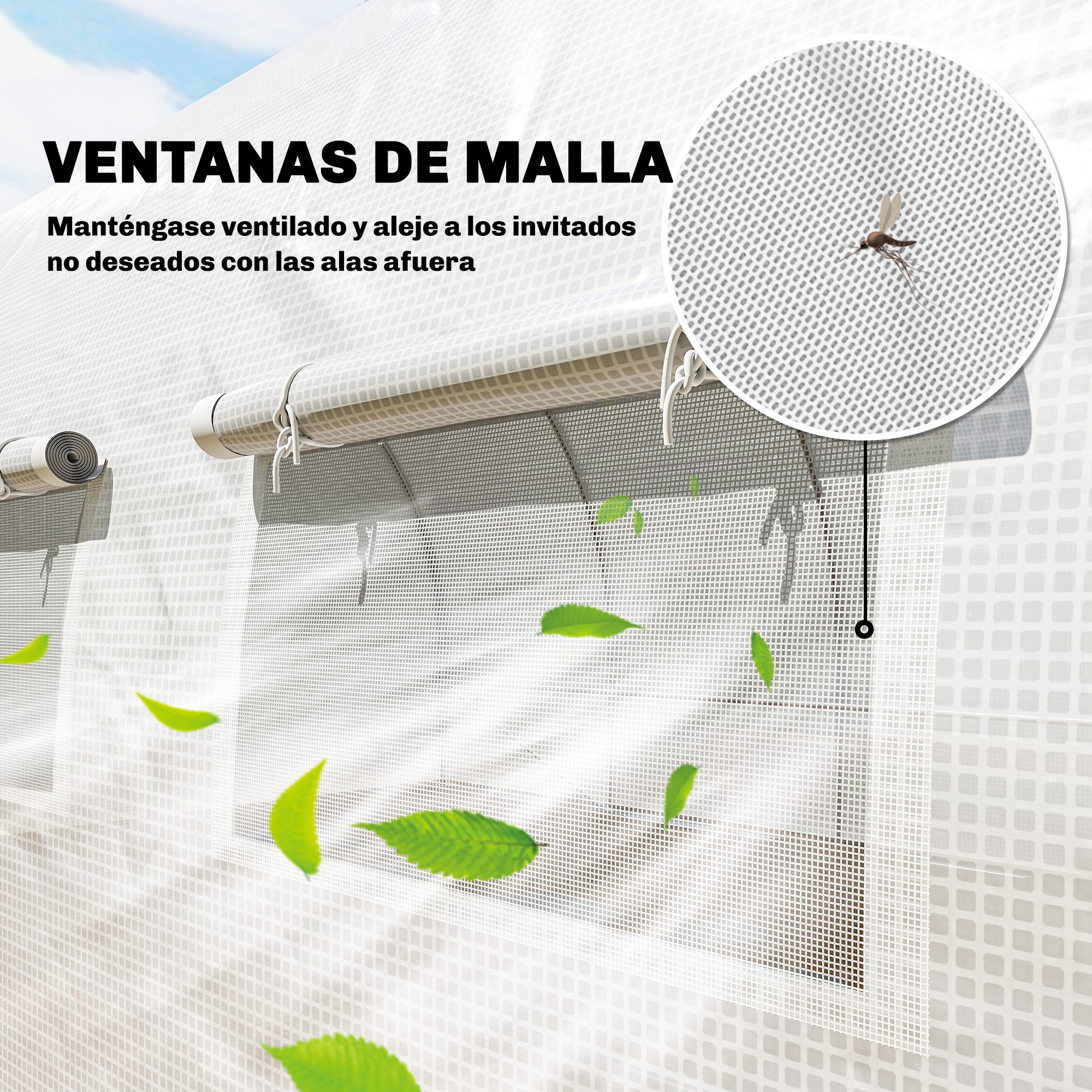 Una ventana de malla con hojas impresas y un mosquito acercándose.