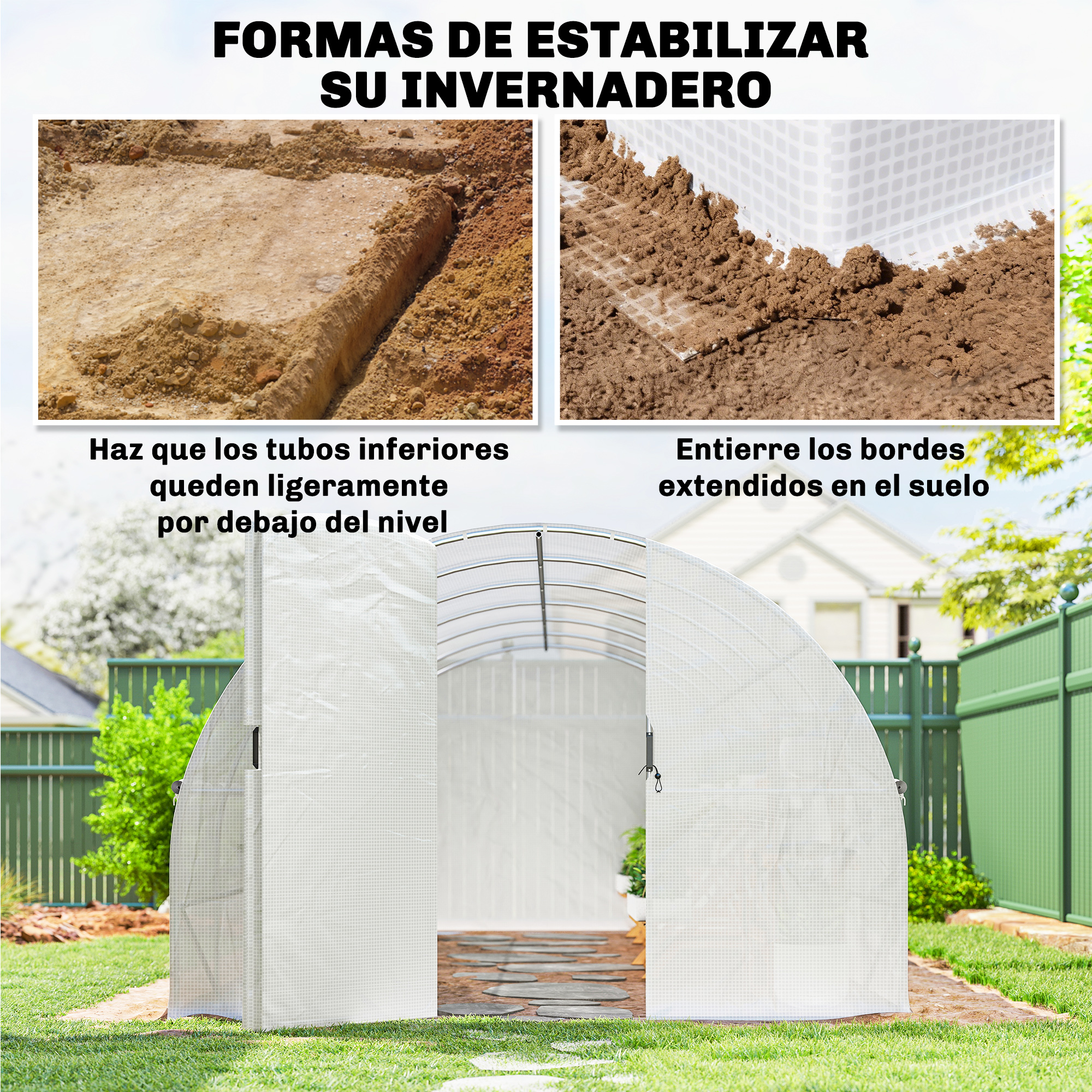 Un invernadero blanco en un jardín con instrucciones de estabilización mostradas.