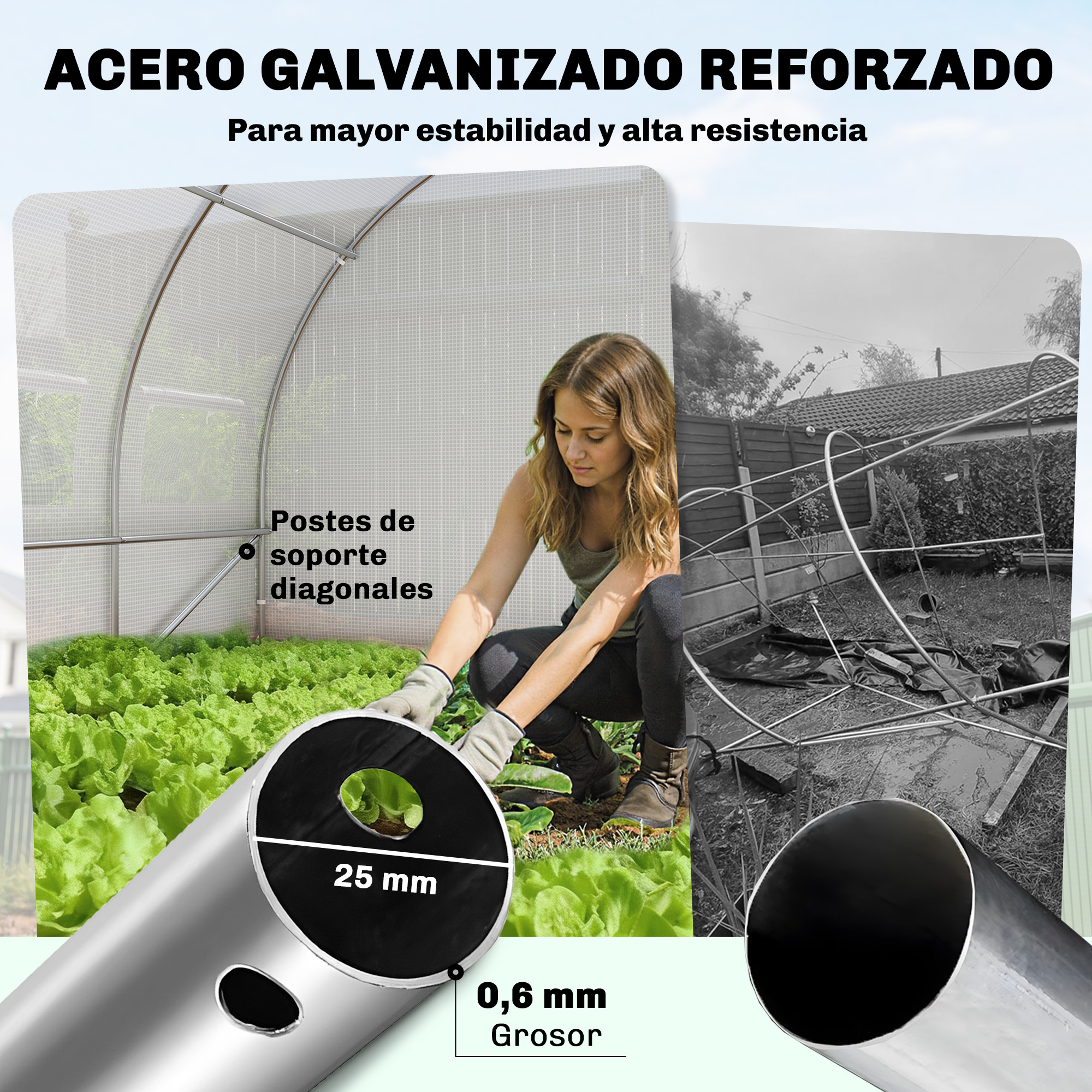 Acero galvanizado reforzado. Izquierda: invernadero con lechugas. Derecha: estructura derrumbada.