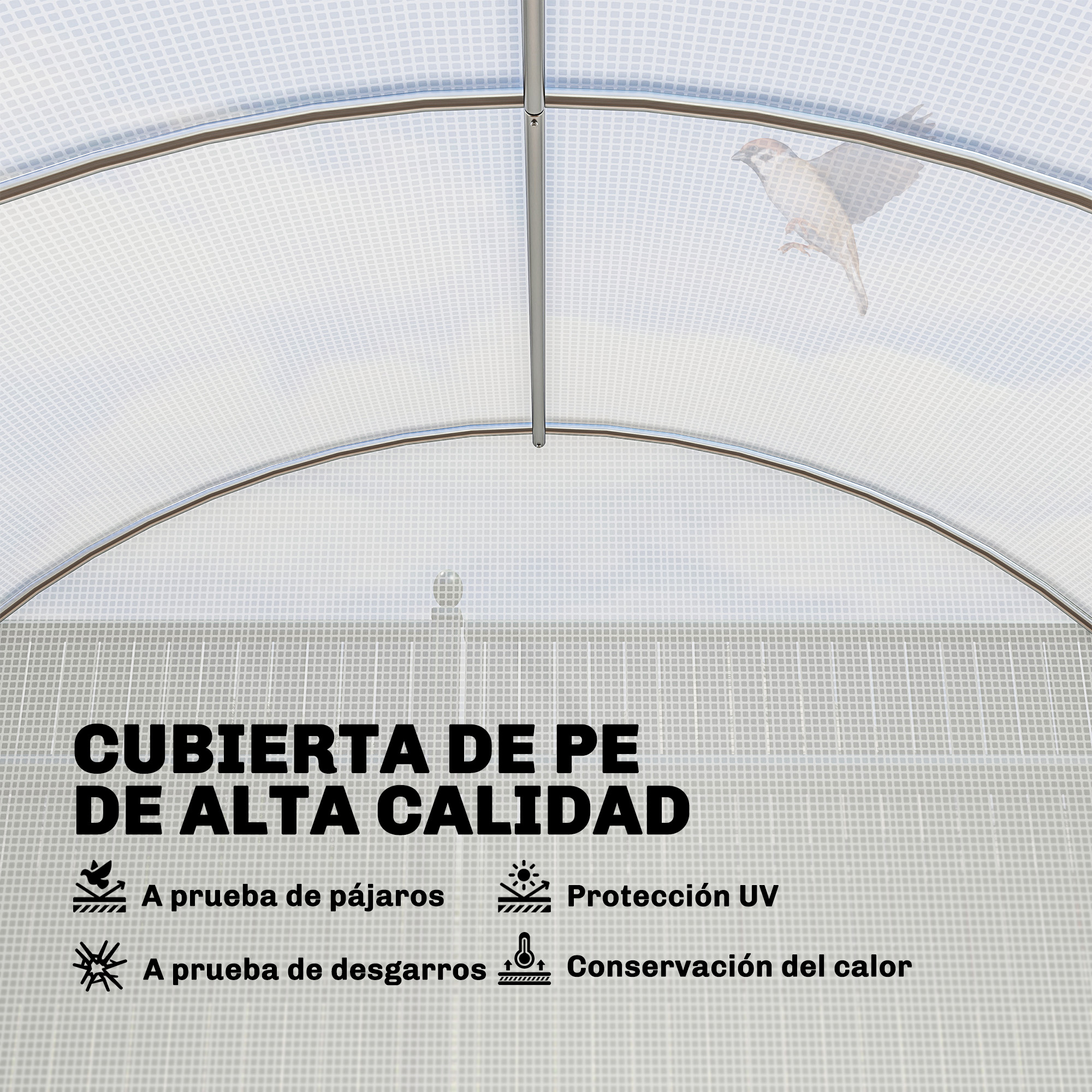 Un pájaro vuela bajo una cubierta de PE transparente con texto.