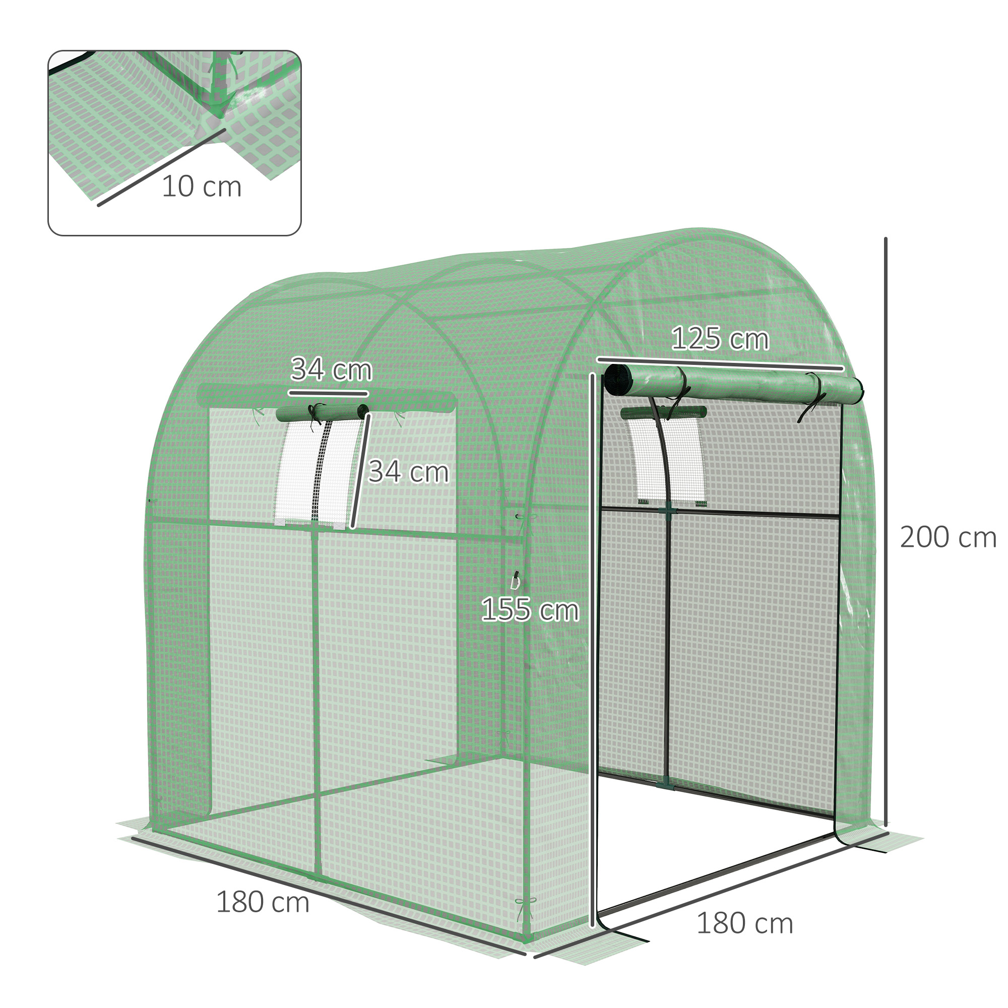 Un invernadero verde de 180x180x200 cm con dos ventanas.