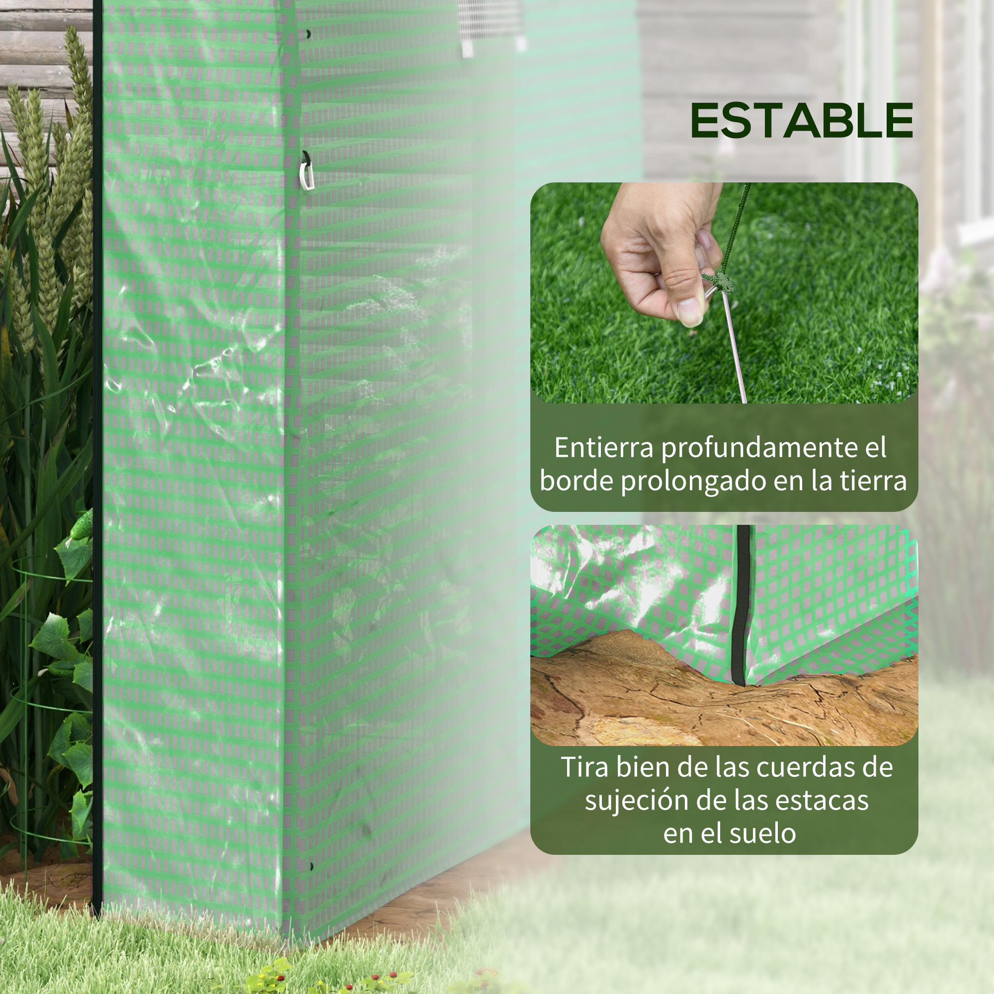 Invernadero verde con estacas y cuerdas para asegurar.
