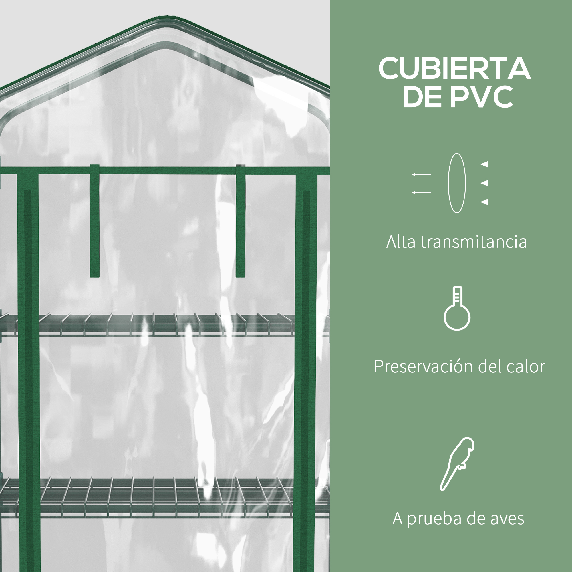 Invernadero verde con cubierta de PVC y estantes. Alta transmitancia.