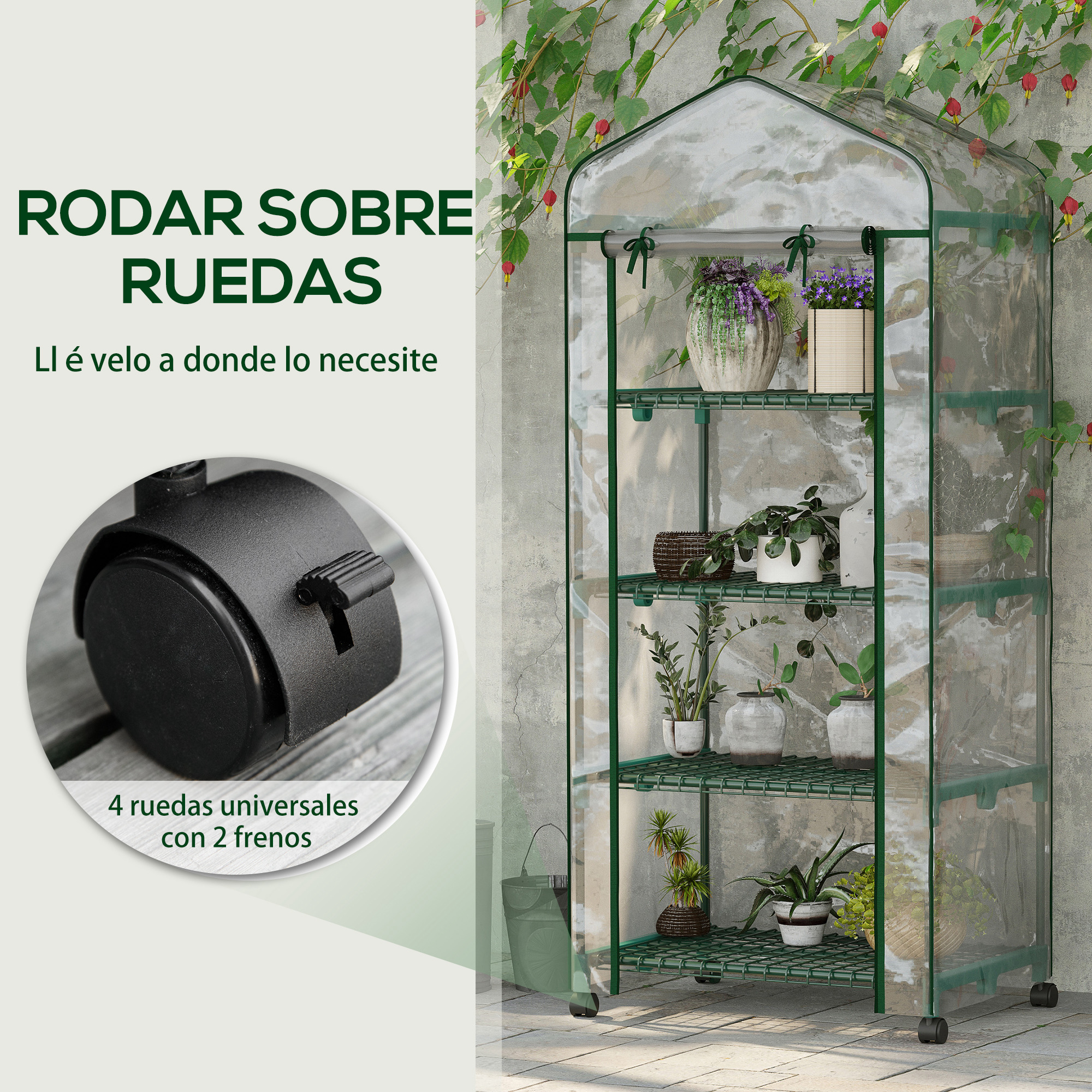 Un invernadero verde con estantes y plantas, mostrado con un primer plano de una rueda.