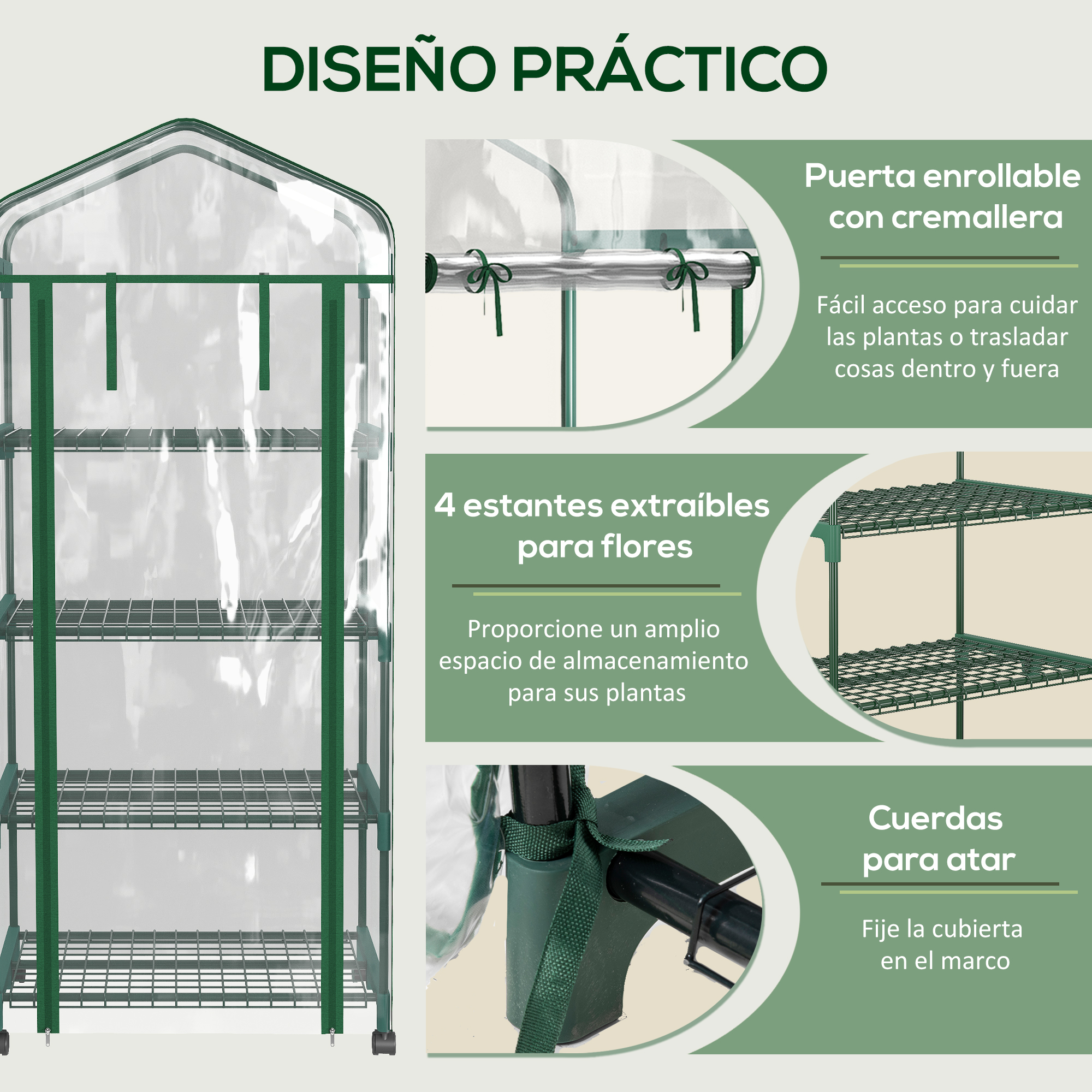 Un invernadero verde con cuatro estantes y cubierta transparente.
