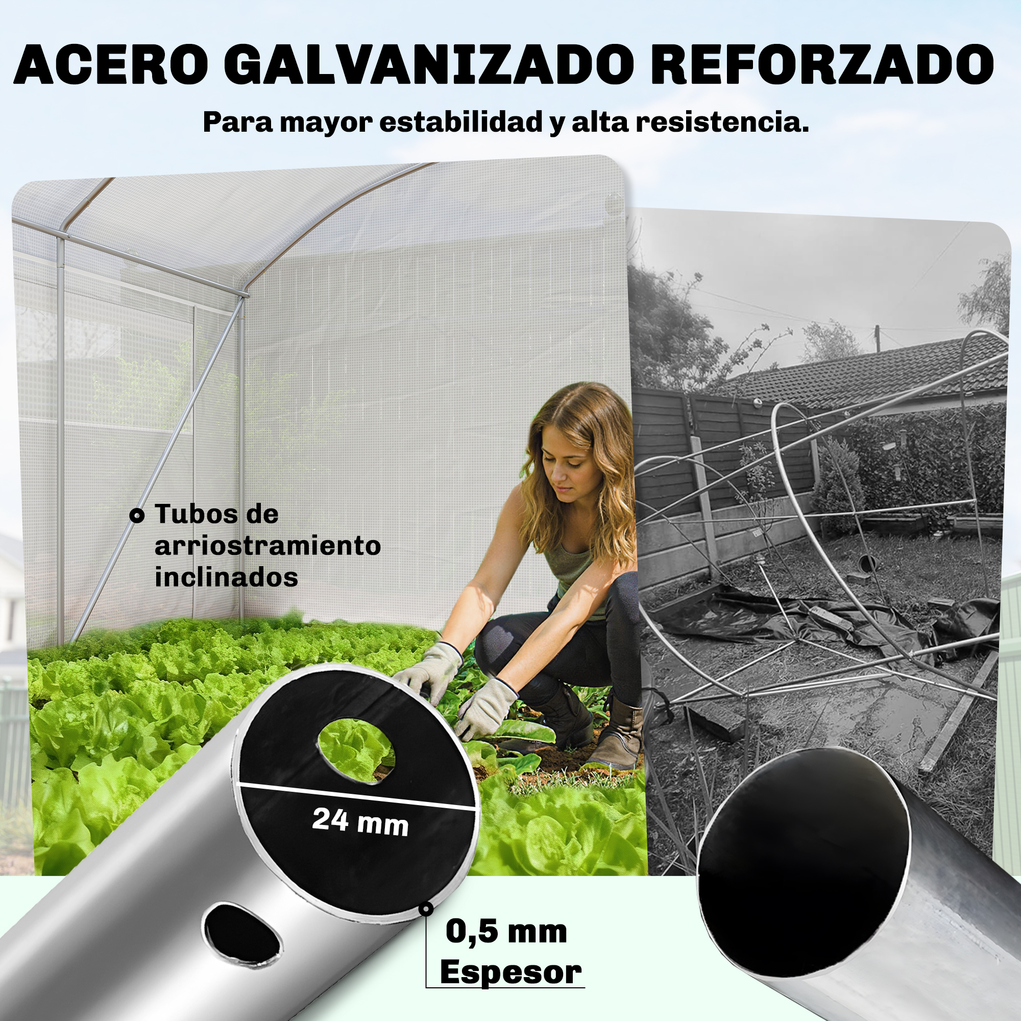 Acero galvanizado reforzado con lechuga. Detalles de tubo.