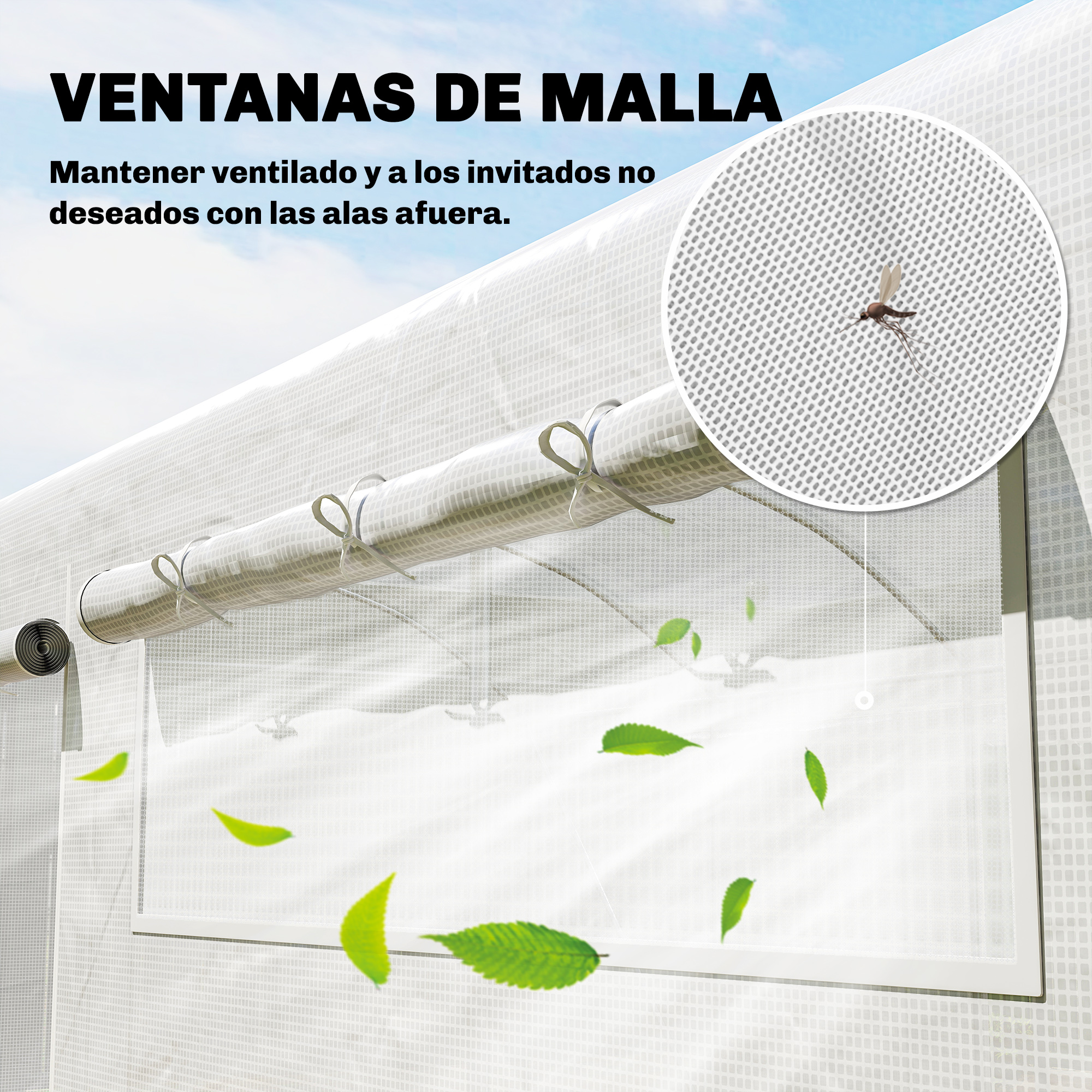 Invernadero con ventanas de malla que repelen mosquitos. Hojas verdes flotan.