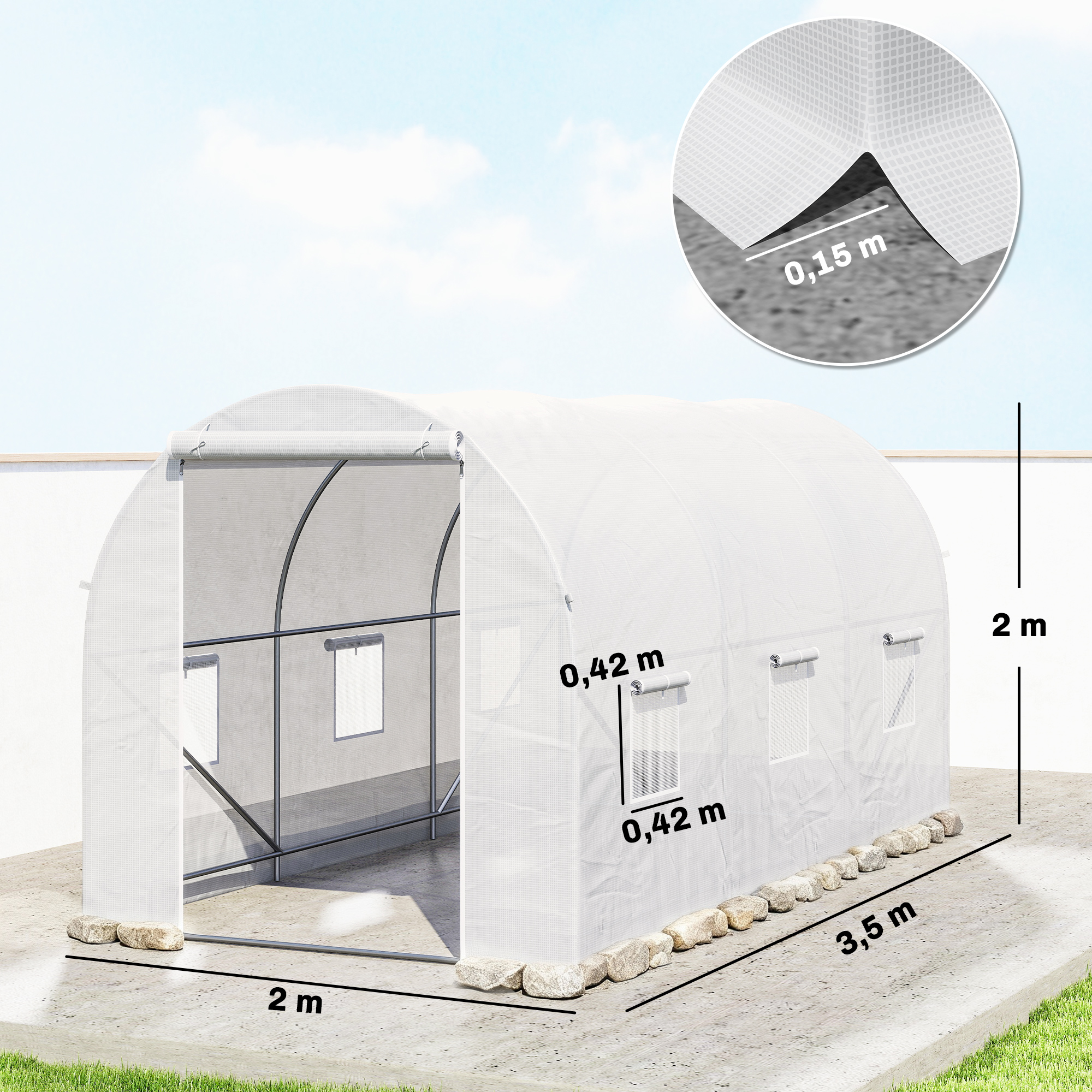Un invernadero blanco con estructura metálica, ventanas y dimensiones.