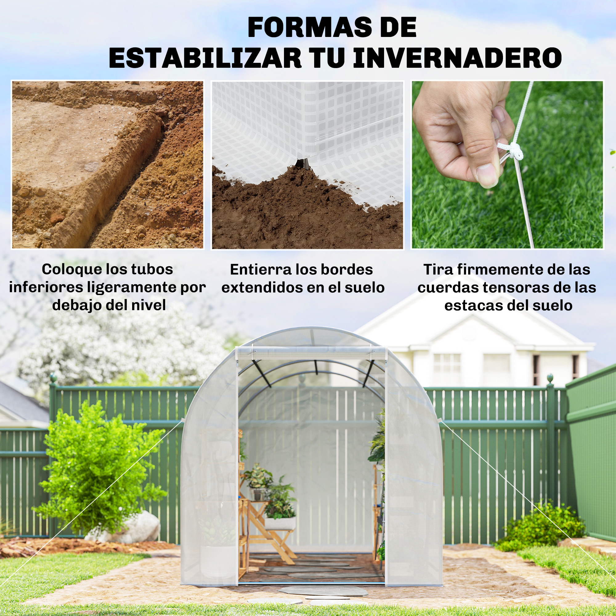 Tres imágenes muestran la estabilización de invernadero: excavación, anclaje y tensado.