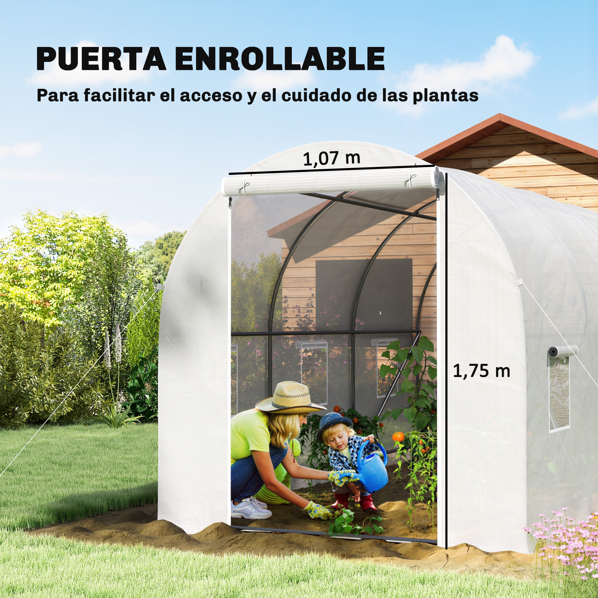 Mujer y niño trabajando en un invernadero blanco con puerta enrollable.