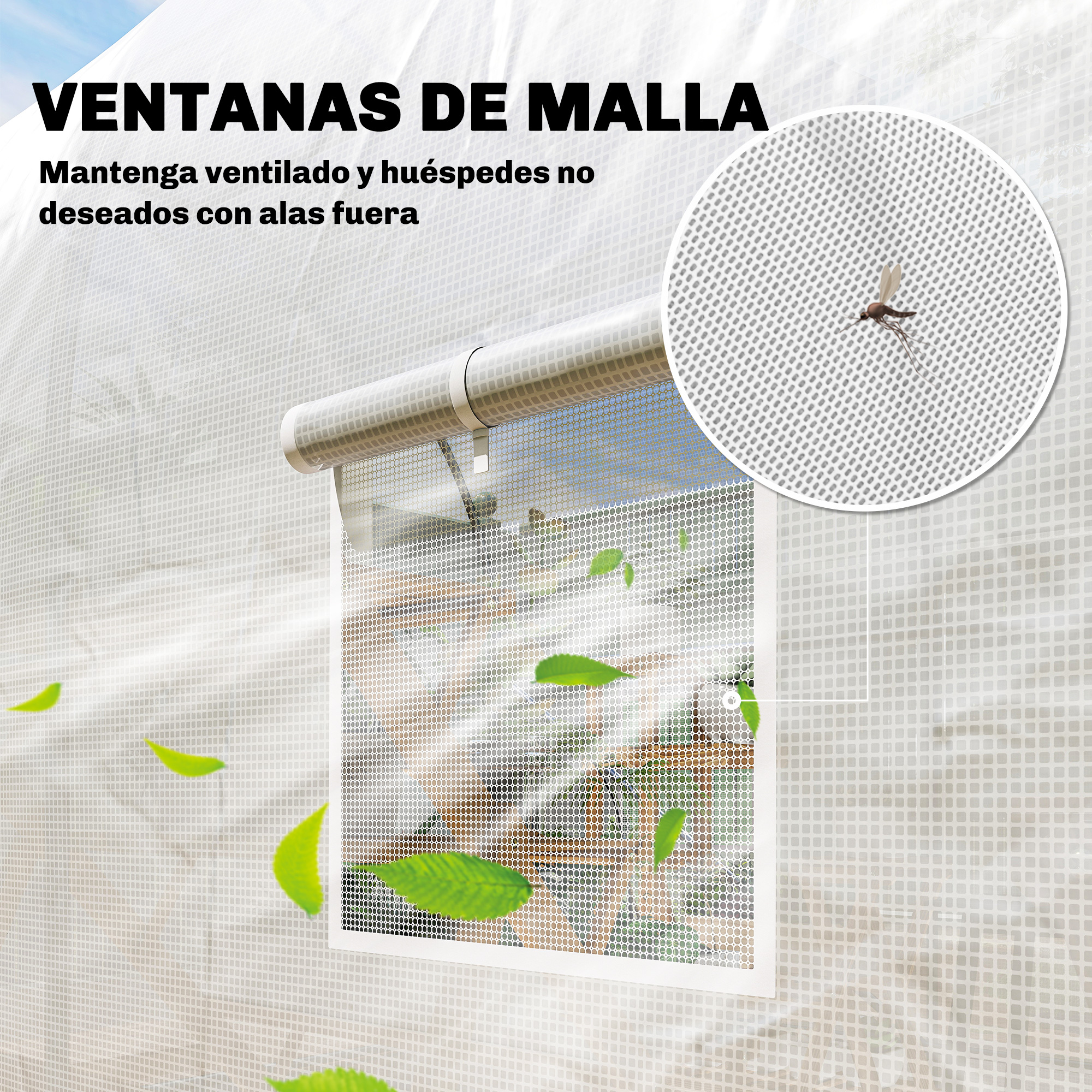 Una ventana de malla con un mosquito y hojas verdes al viento.
