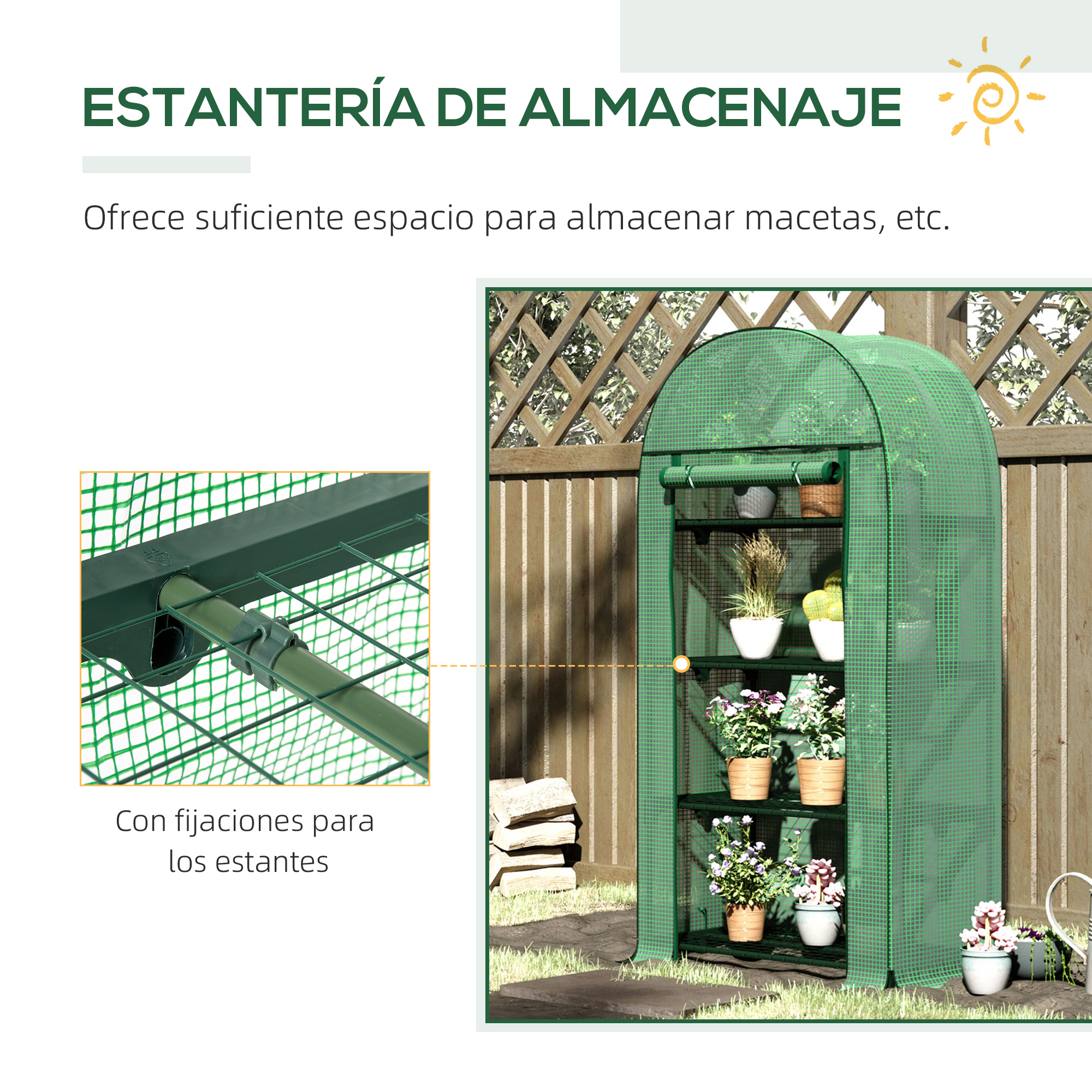 Invernadero verde con estantes con plantas en macetas. Primer plano muestra clip.