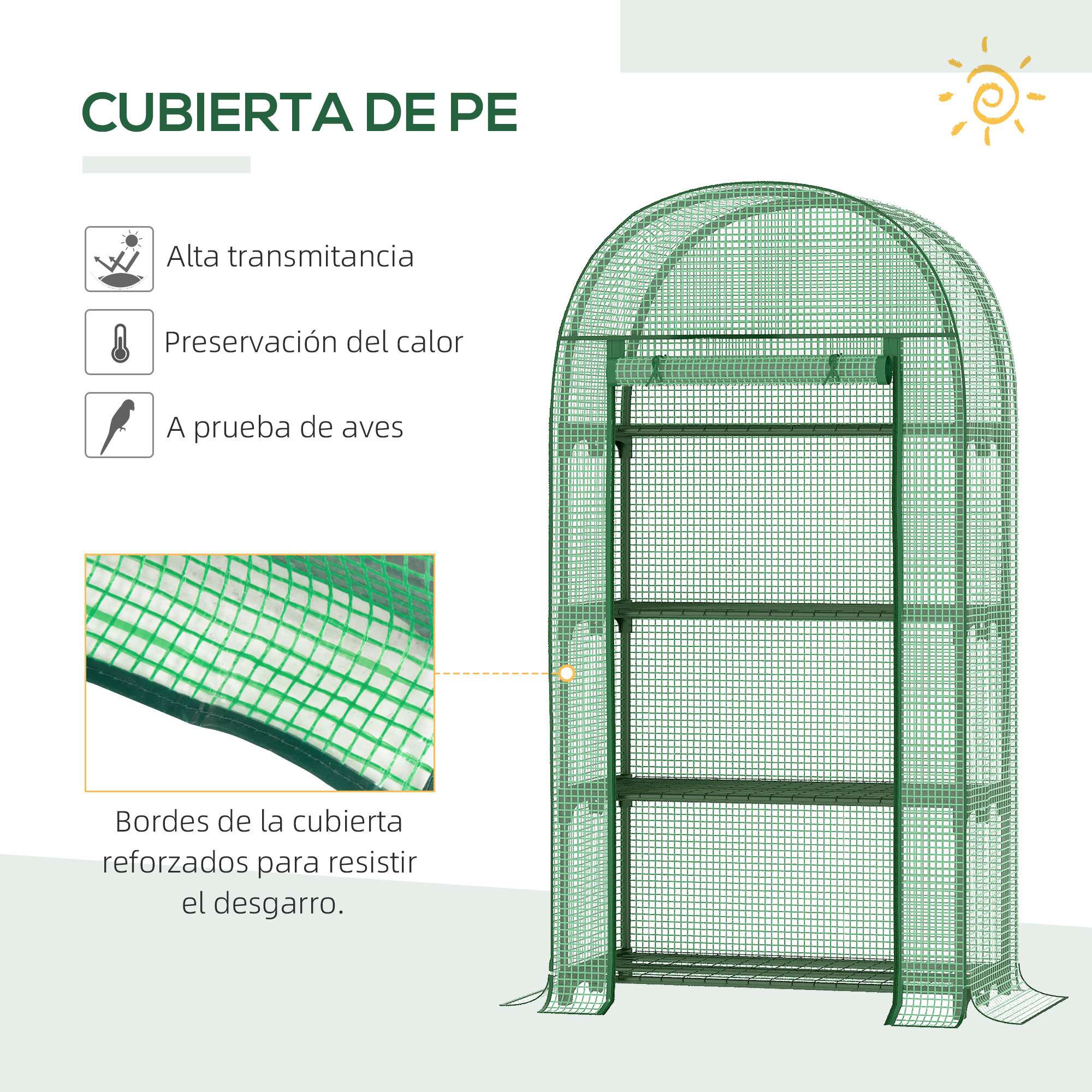 Invernadero verde con estantes y bordes reforzados para plantas.