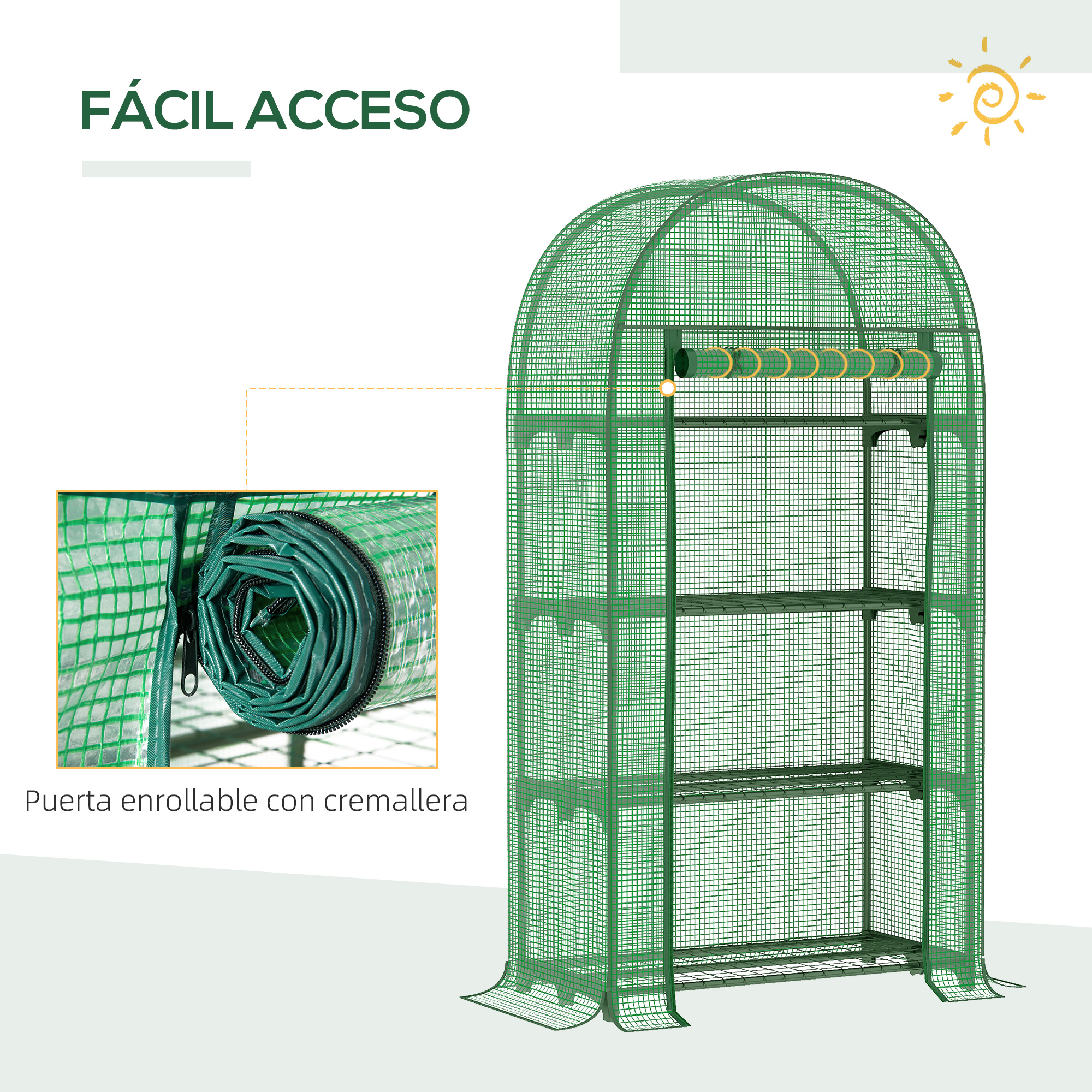 Invernadero verde con múltiples estantes y puerta enrollable.