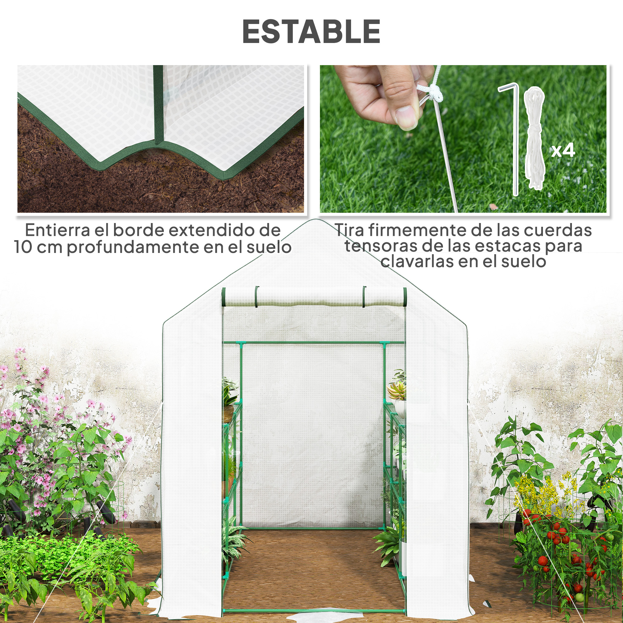 Un invernadero blanco con postes verdes y plantas al aire libre.