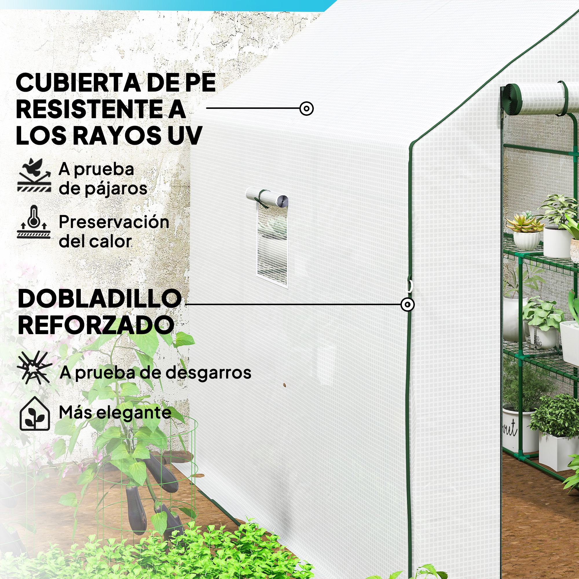 Un invernadero con cubierta de PE blanca y detalles verdes.