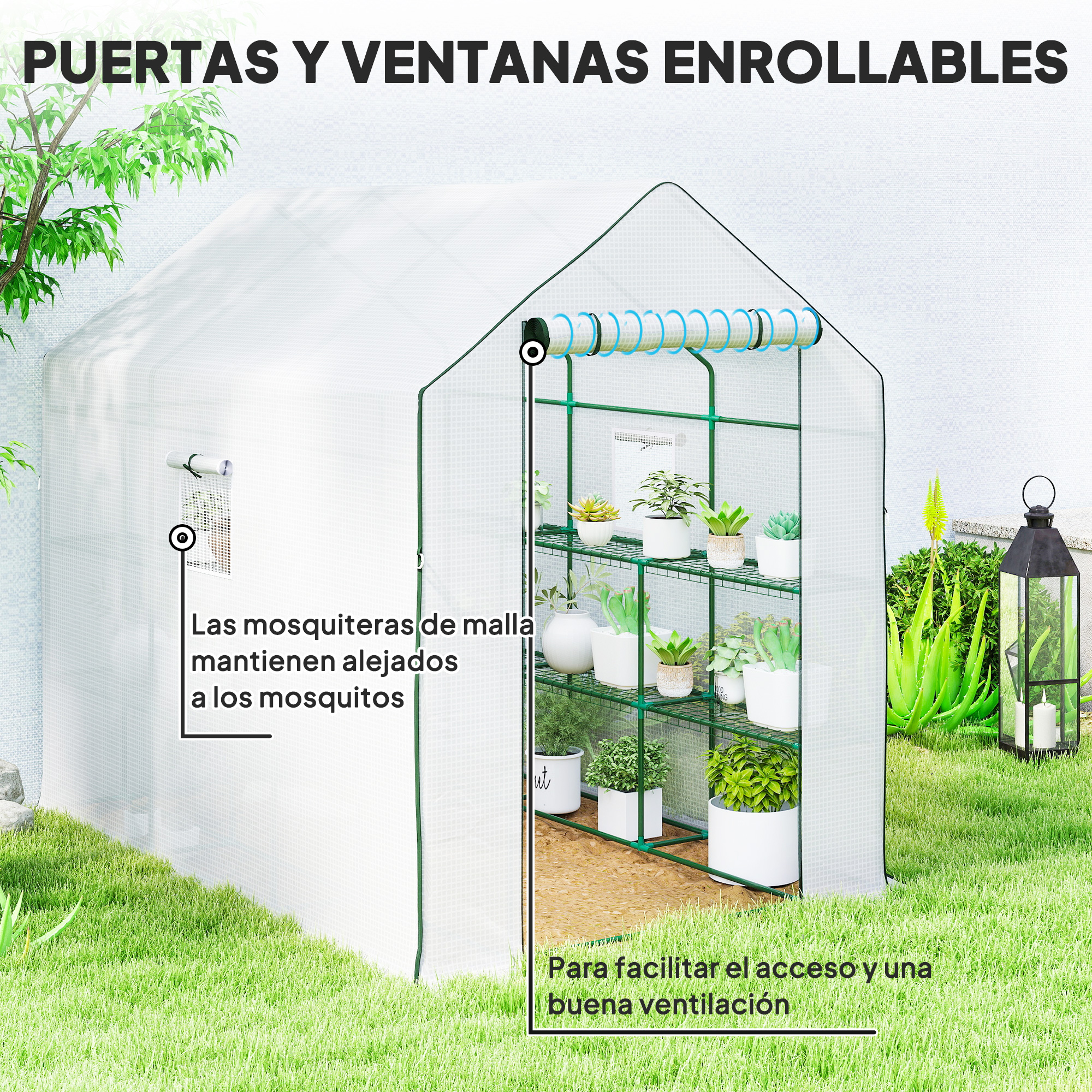 Un invernadero con estantes para plantas llenos de macetas. Hierba y una linterna.