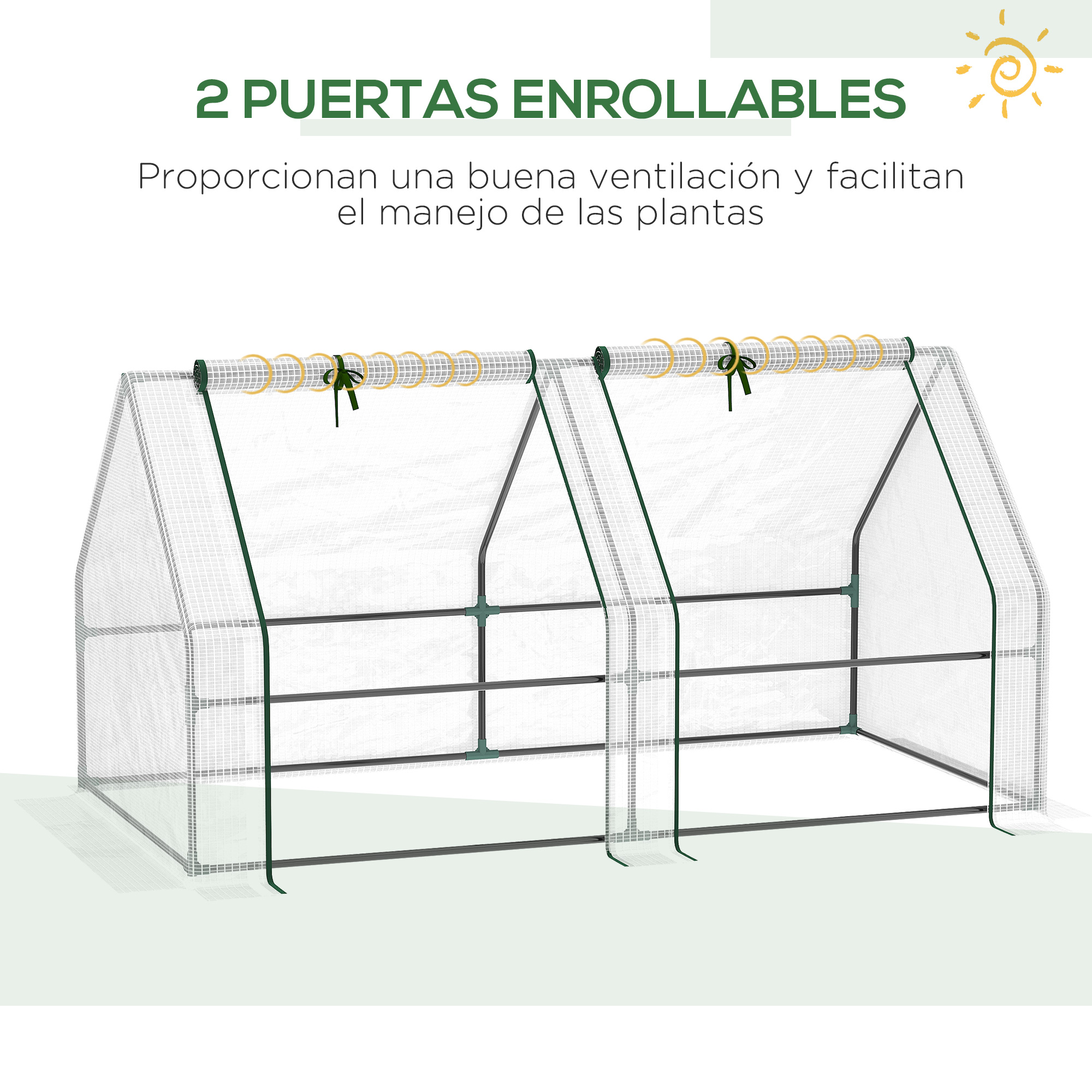Dos puertas enrollables de invernadero con malla blanca y marco verde.