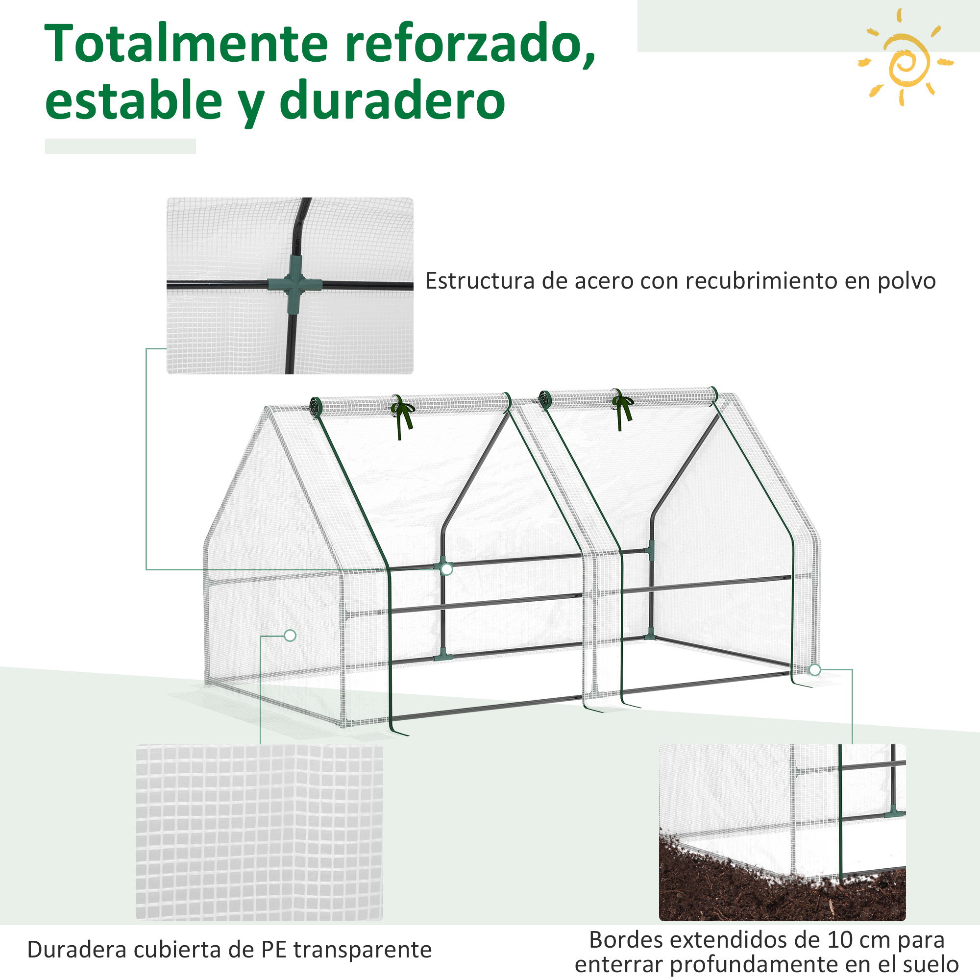 Un túnel de invernadero transparente con marco de acero y cubierta de PE.