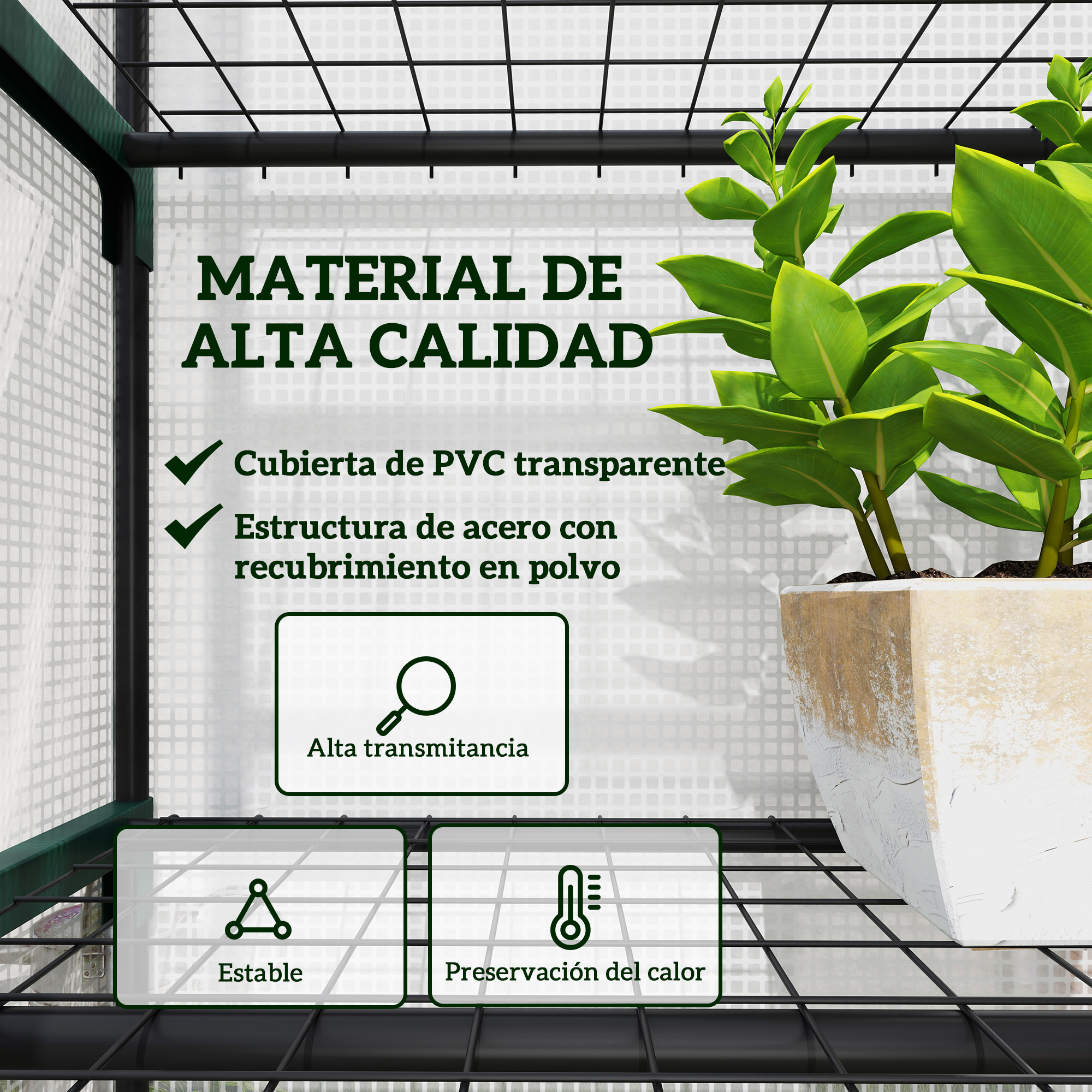 Invernadero de alta calidad con cubierta de PVC, marco de acero y plantas.