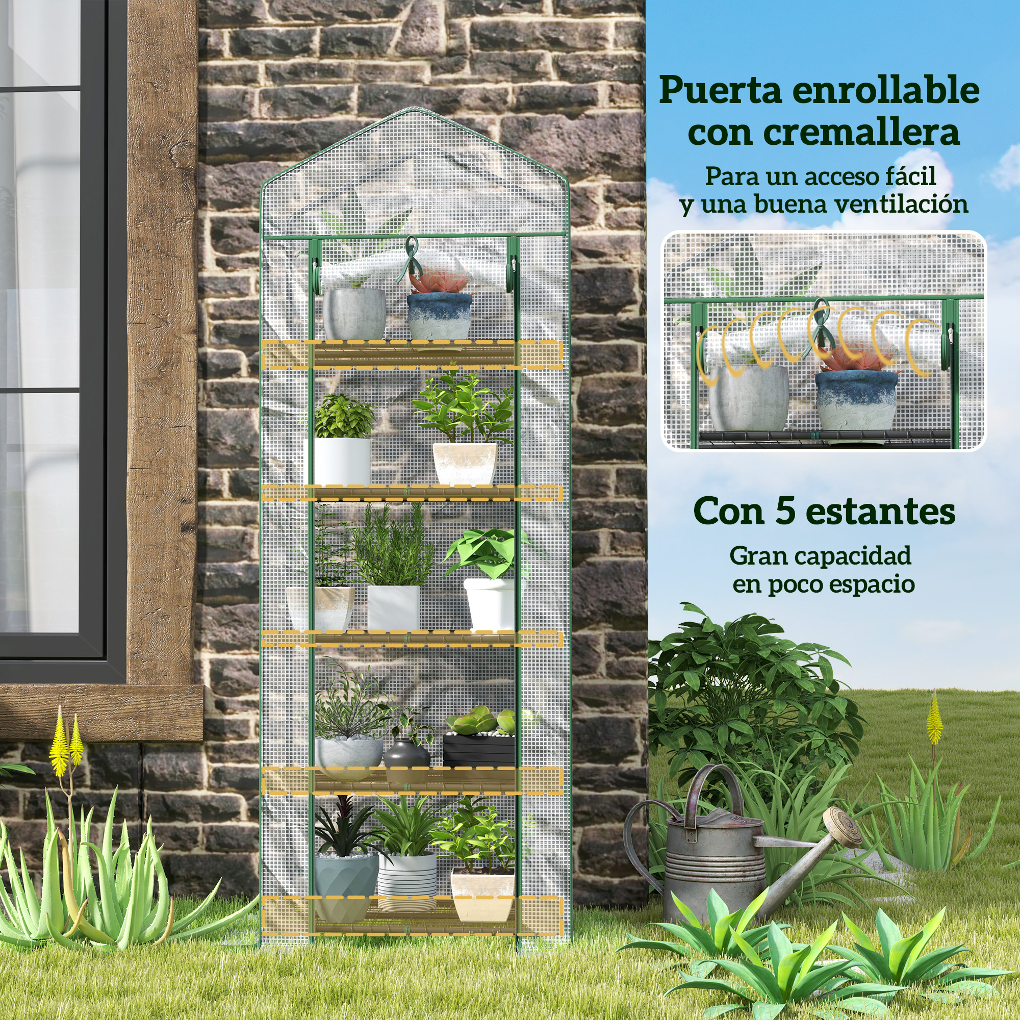 Un invernadero de cinco estantes junto a una pared de ladrillos. Lleno de plantas.