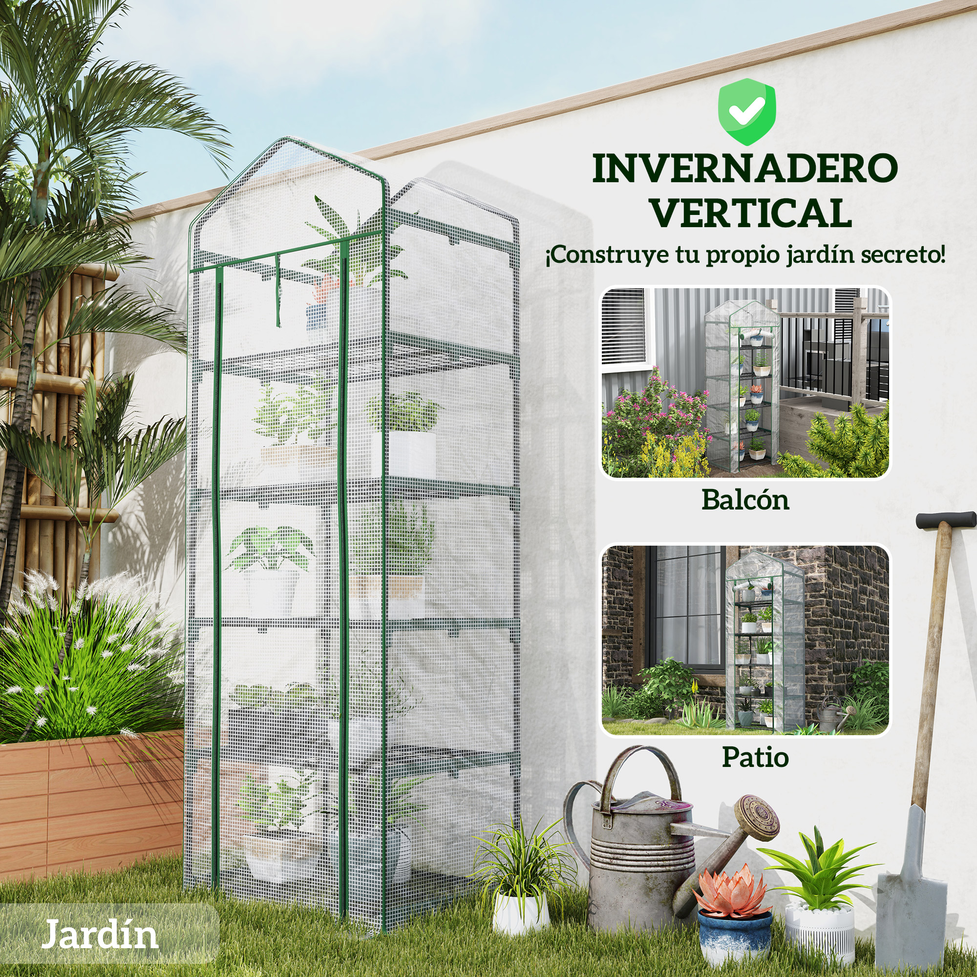 Un invernadero vertical alto y estrecho con estantes contiene plantas en macetas.