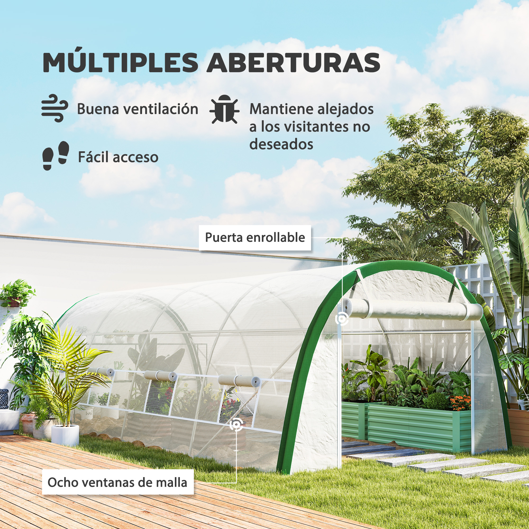 Un invernadero con puerta enrollable, buena ventilación y ocho ventanas.