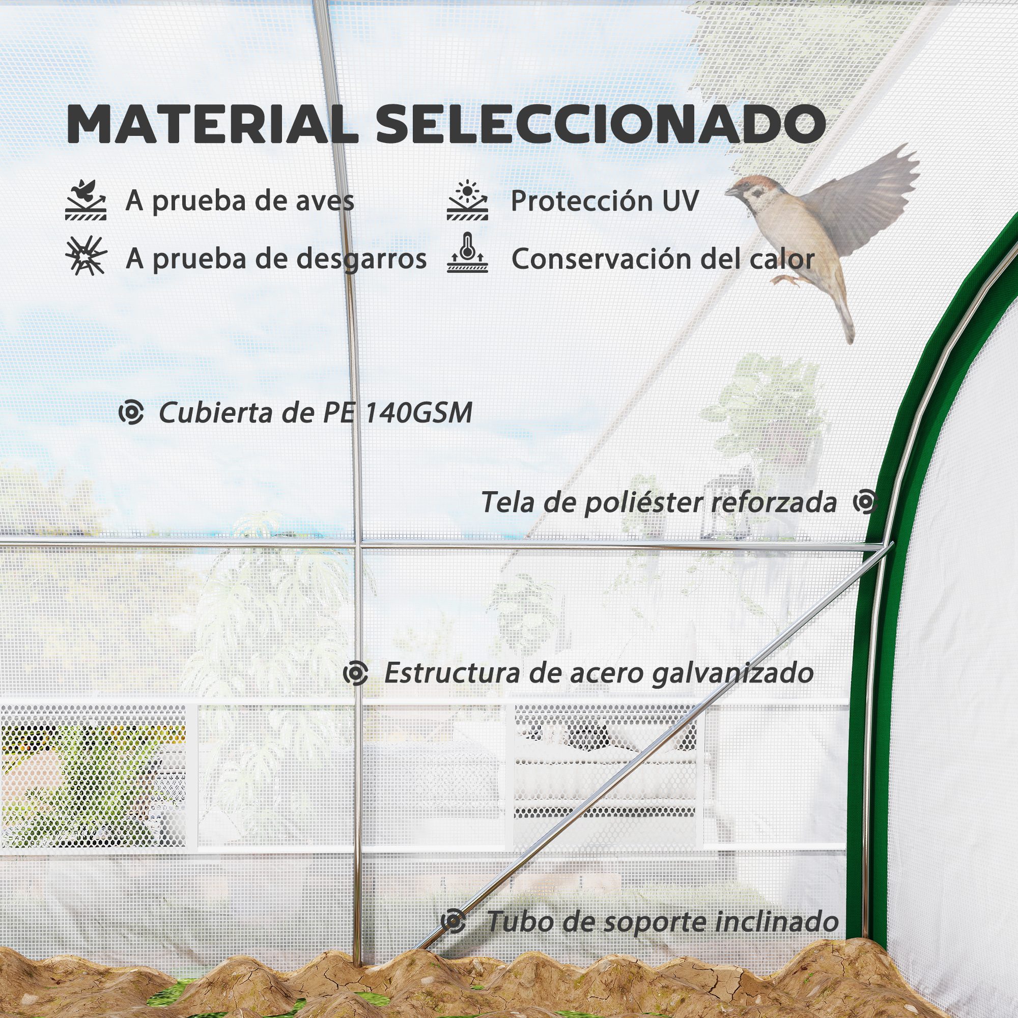 Primer plano de un invernadero con texto sobre propiedades del material.