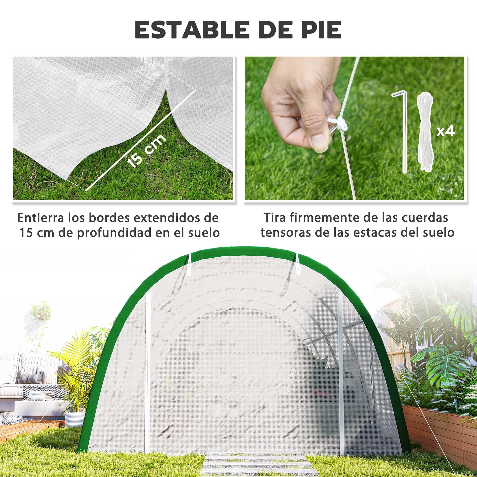 Un invernadero se monta en un jardín. El borde se entierra 15 cm de profundidad.
