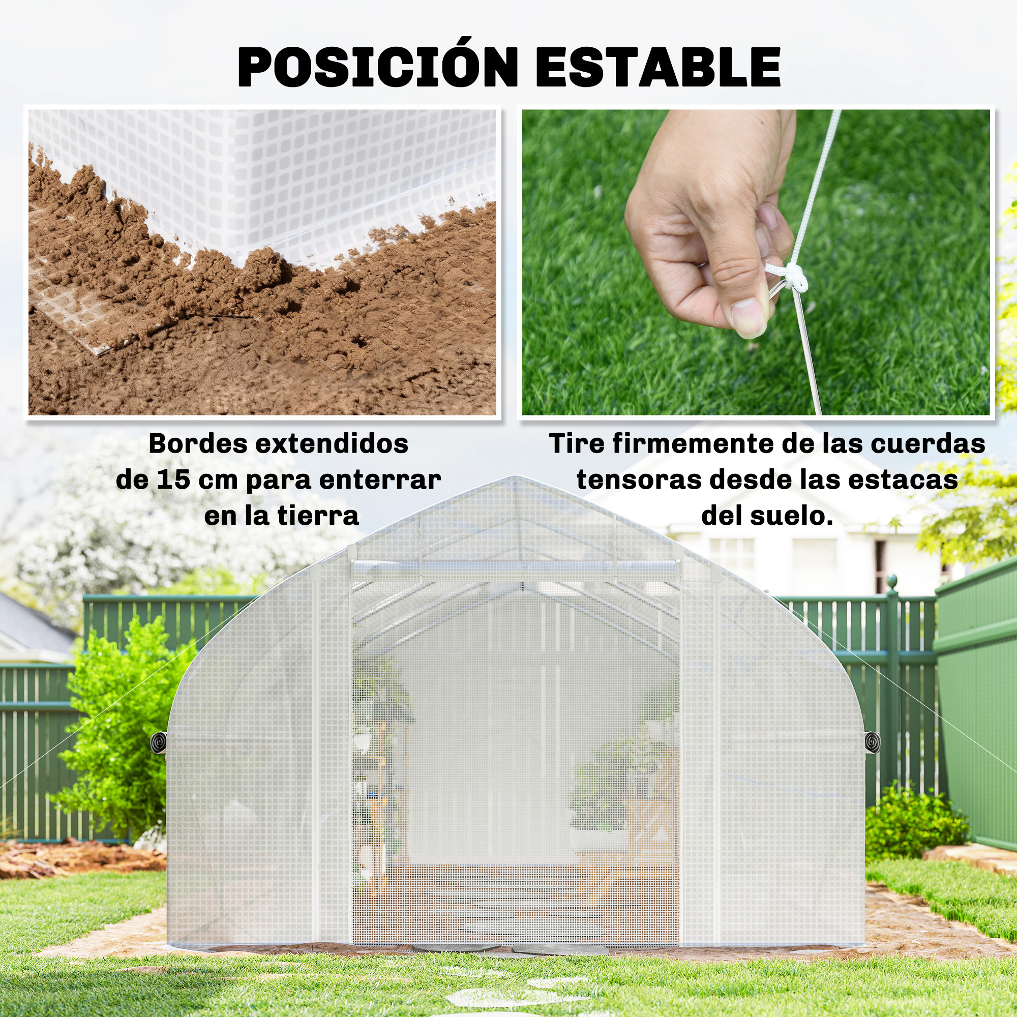 Un invernadero con cubierta de patrón de rejilla blanca está al aire libre sobre césped.
