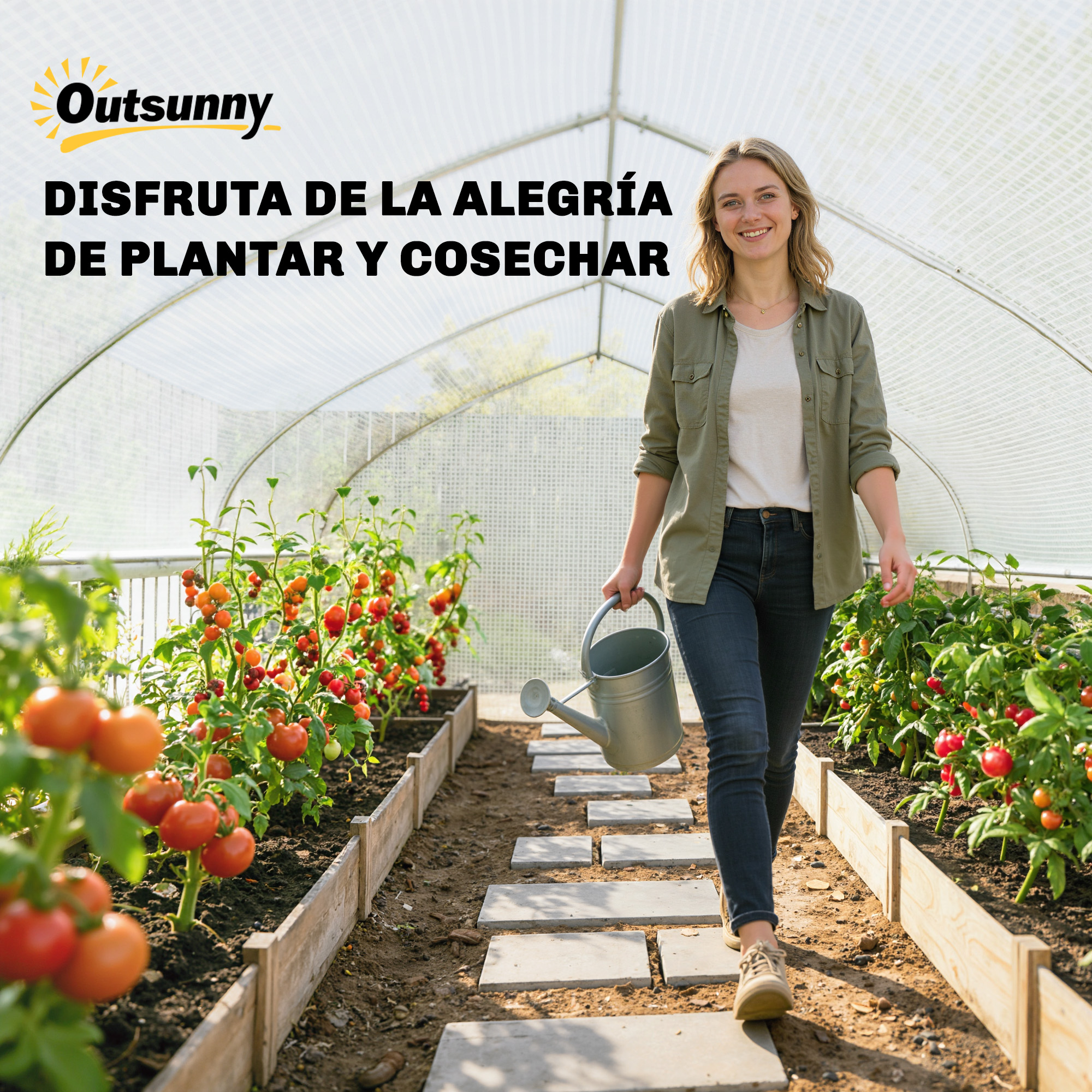 Mujer con regadera en invernadero con plantas de tomate