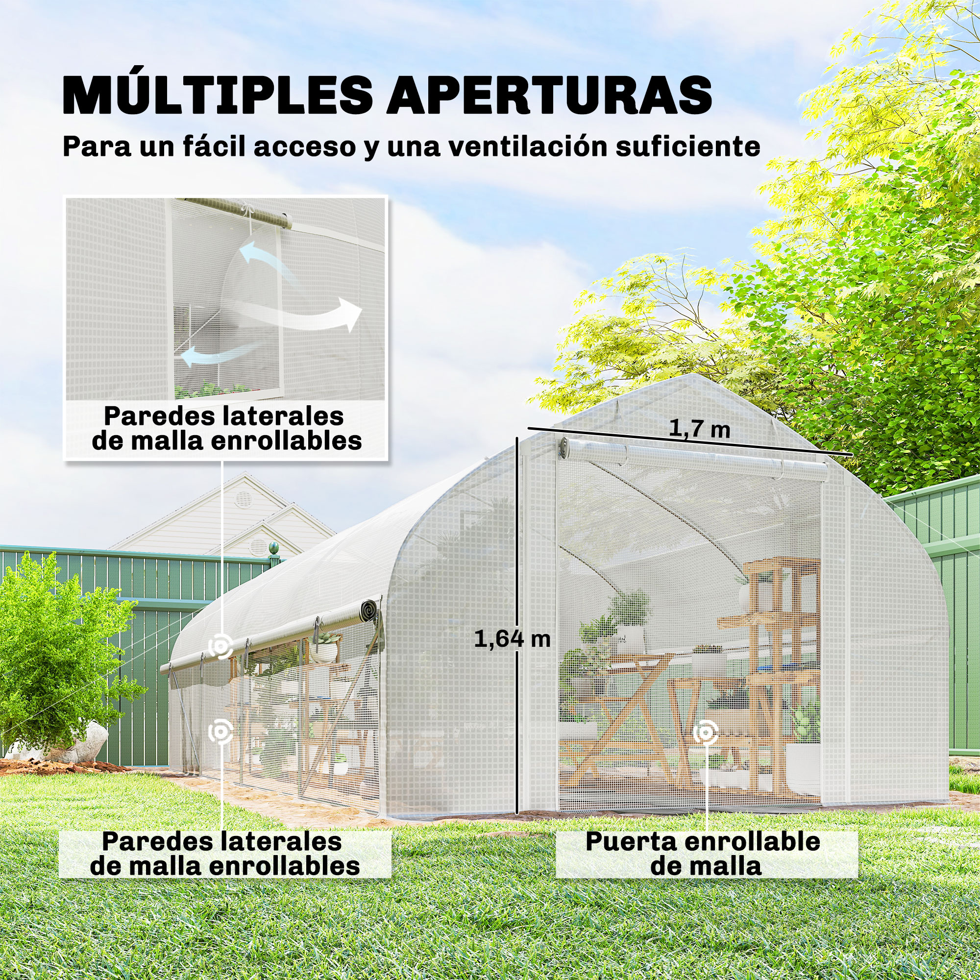 Un invernadero con laterales y puerta de malla enrollable. Mide 1,7m x 1,64m.