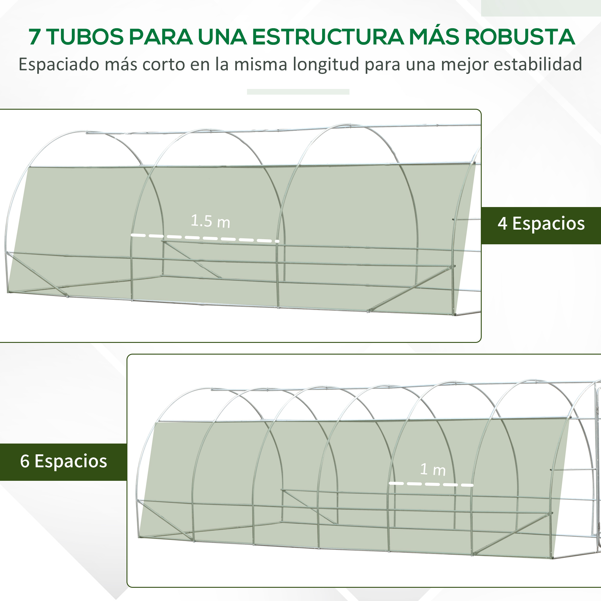 Dos diseños de invernadero: uno con 4 espacios (1,5 m de separación) y otro con 6 (1 m).